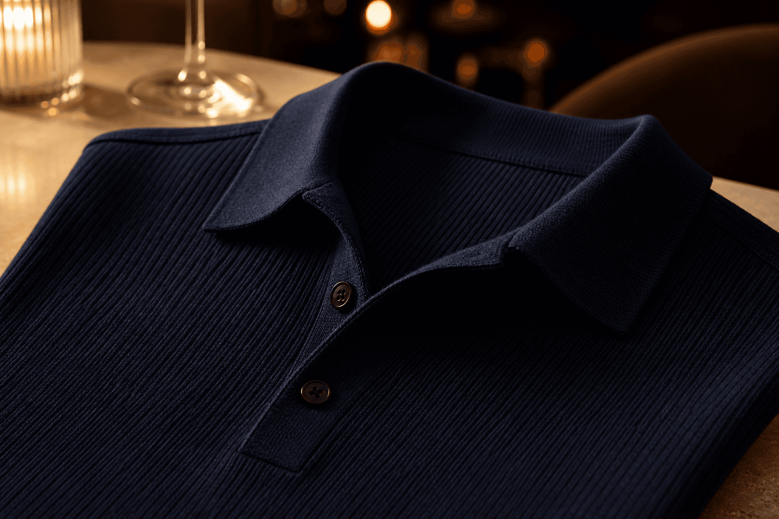 A navy ribbed knit polo folded with the collar open under warm evening light.