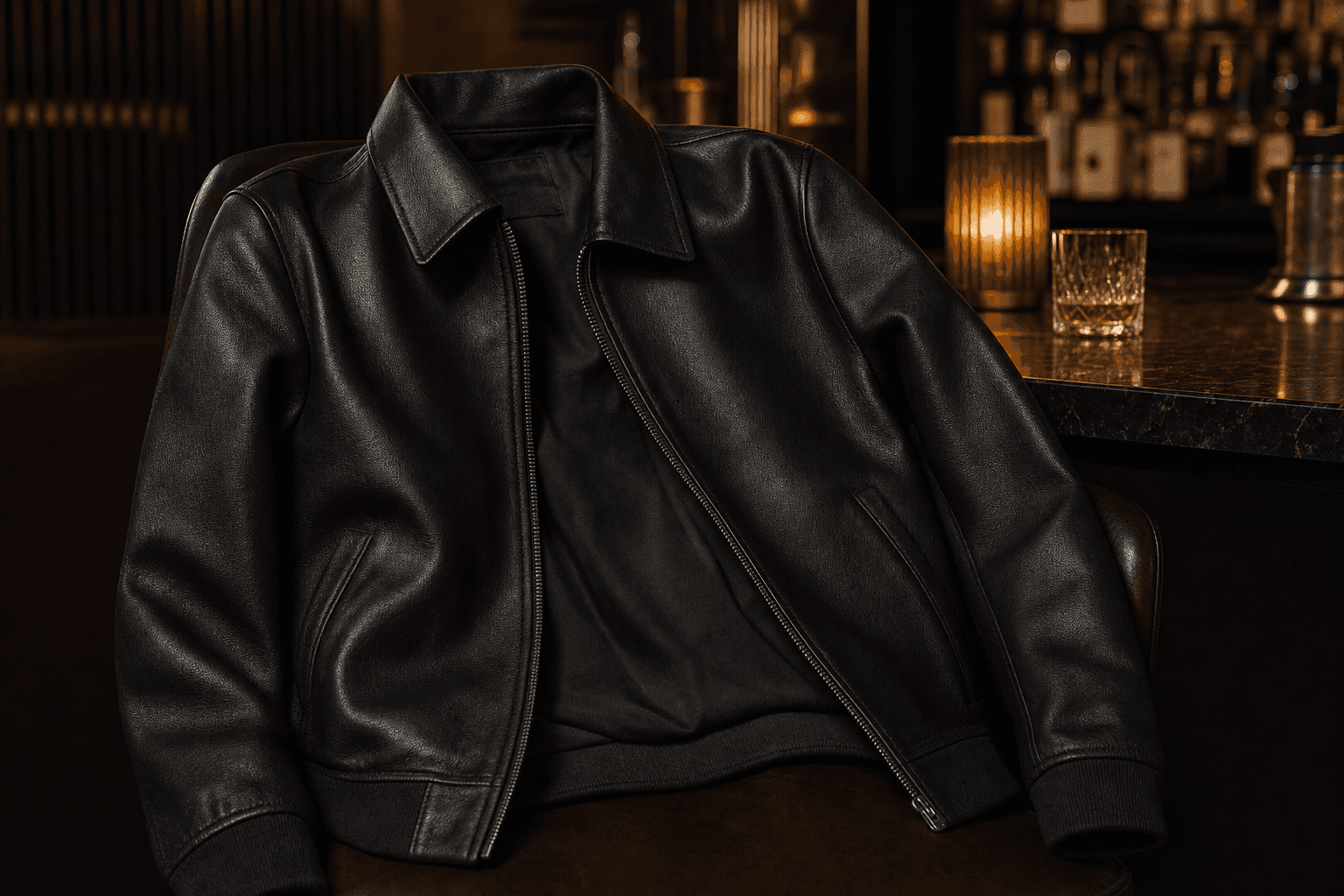 A minimal black leather jacket draped in warm low light to show smooth grain.