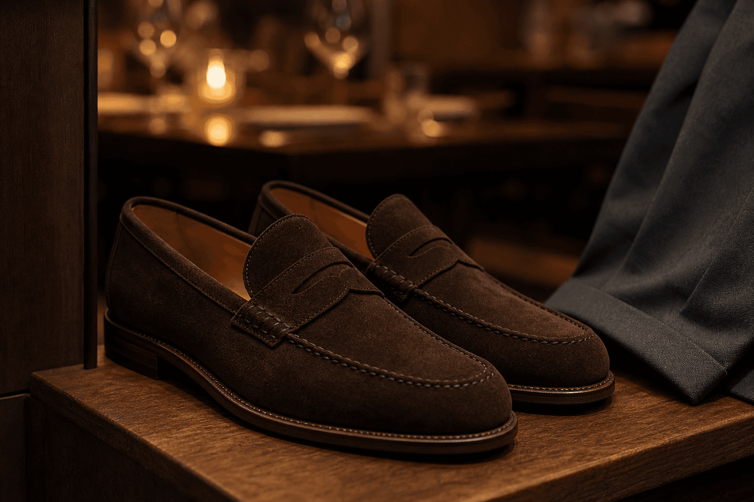 Dark brown suede loafers beside a relaxed charcoal trouser hem.