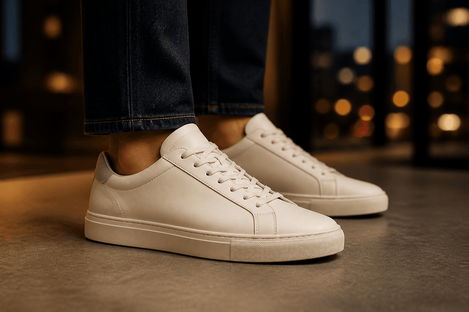 Clean cream leather low-top sneakers beside a dark denim hem.