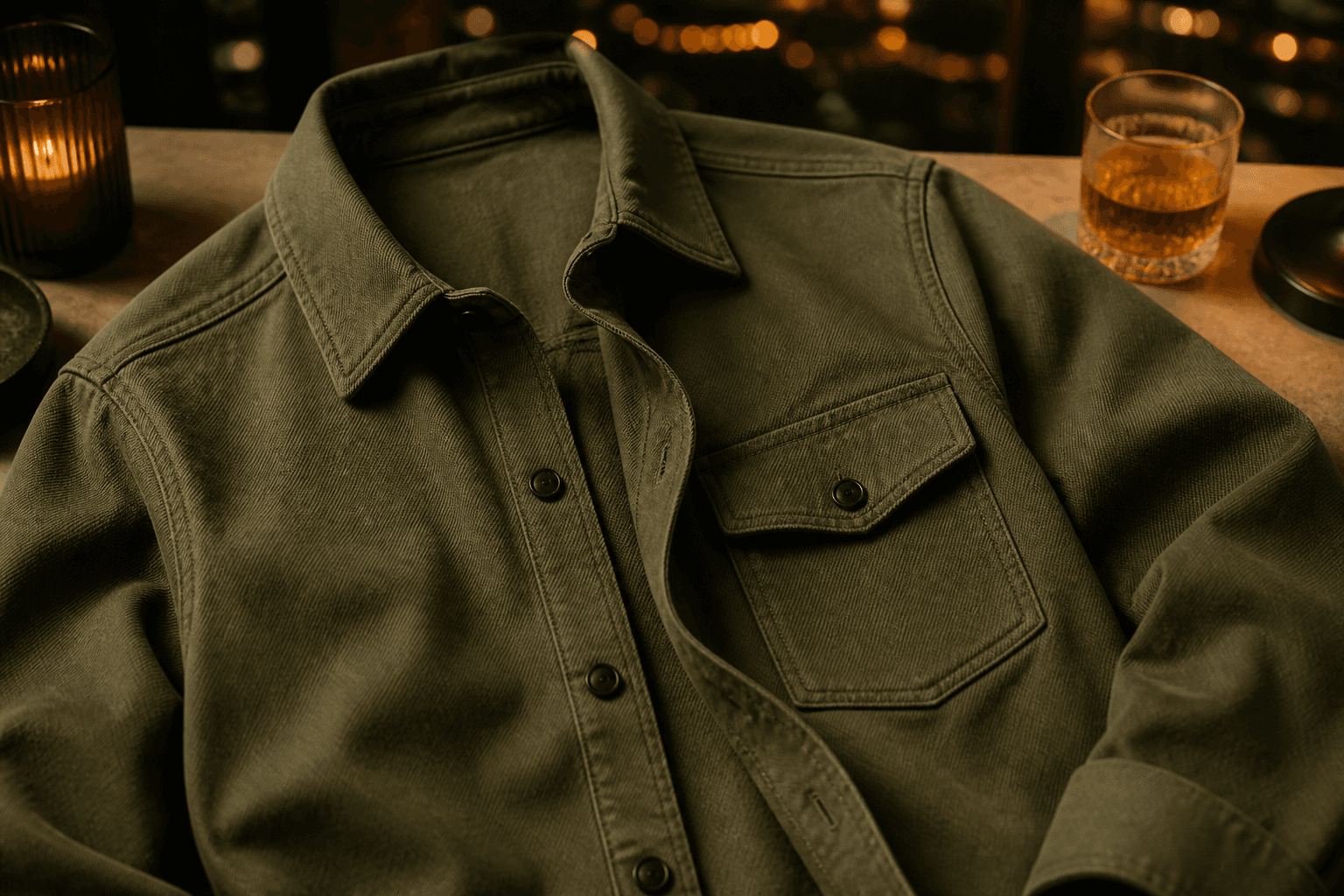 An olive cotton twill overshirt folded open to show its collar and chest pocket.