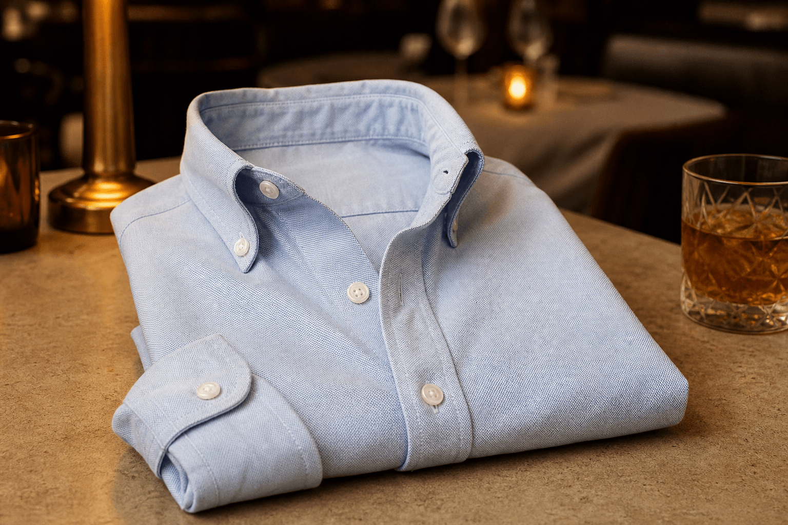 A pale blue oxford shirt folded casually with an open collar.
