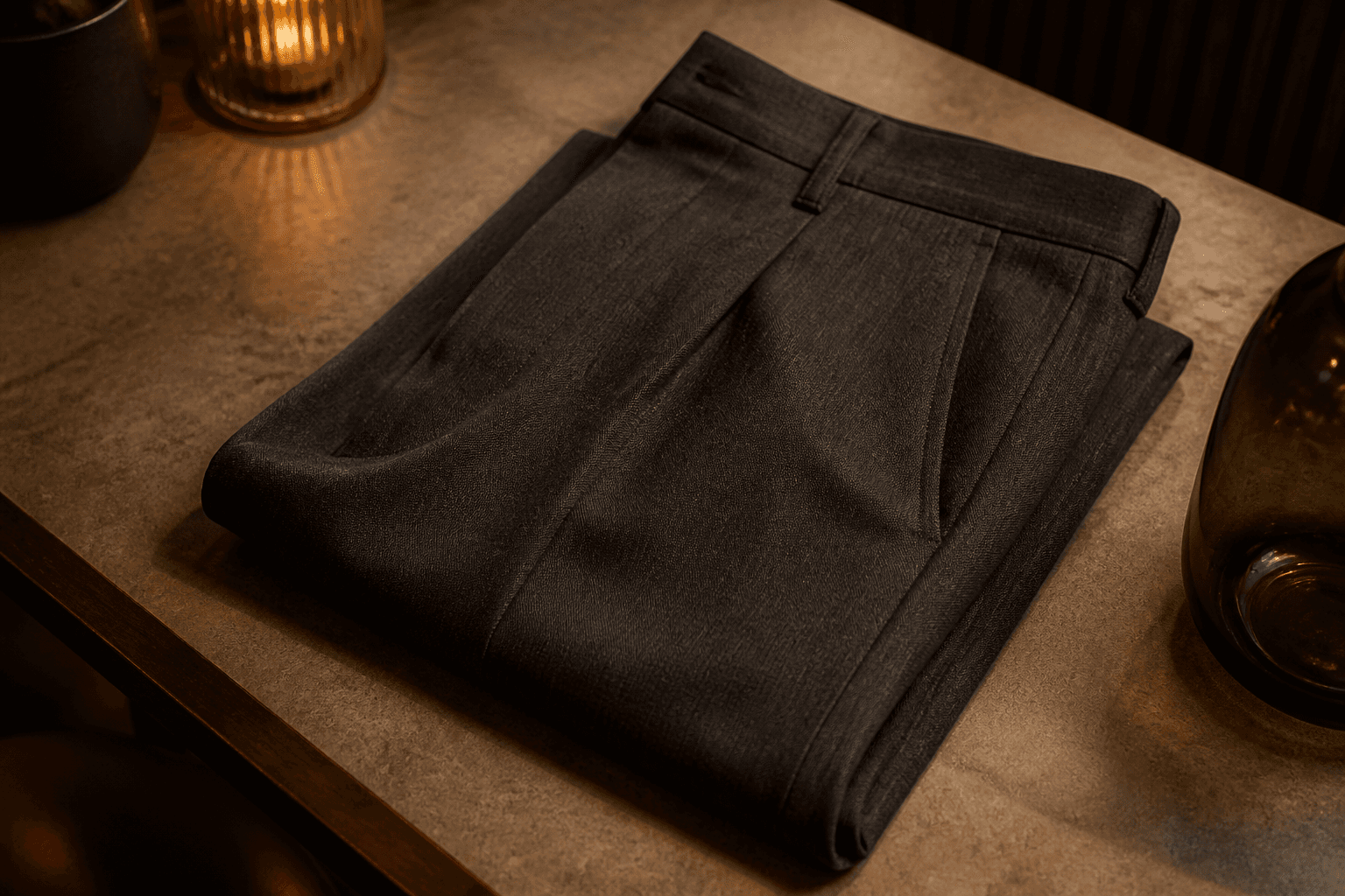 Relaxed charcoal trousers folded to show pleat, waistband, and soft drape.