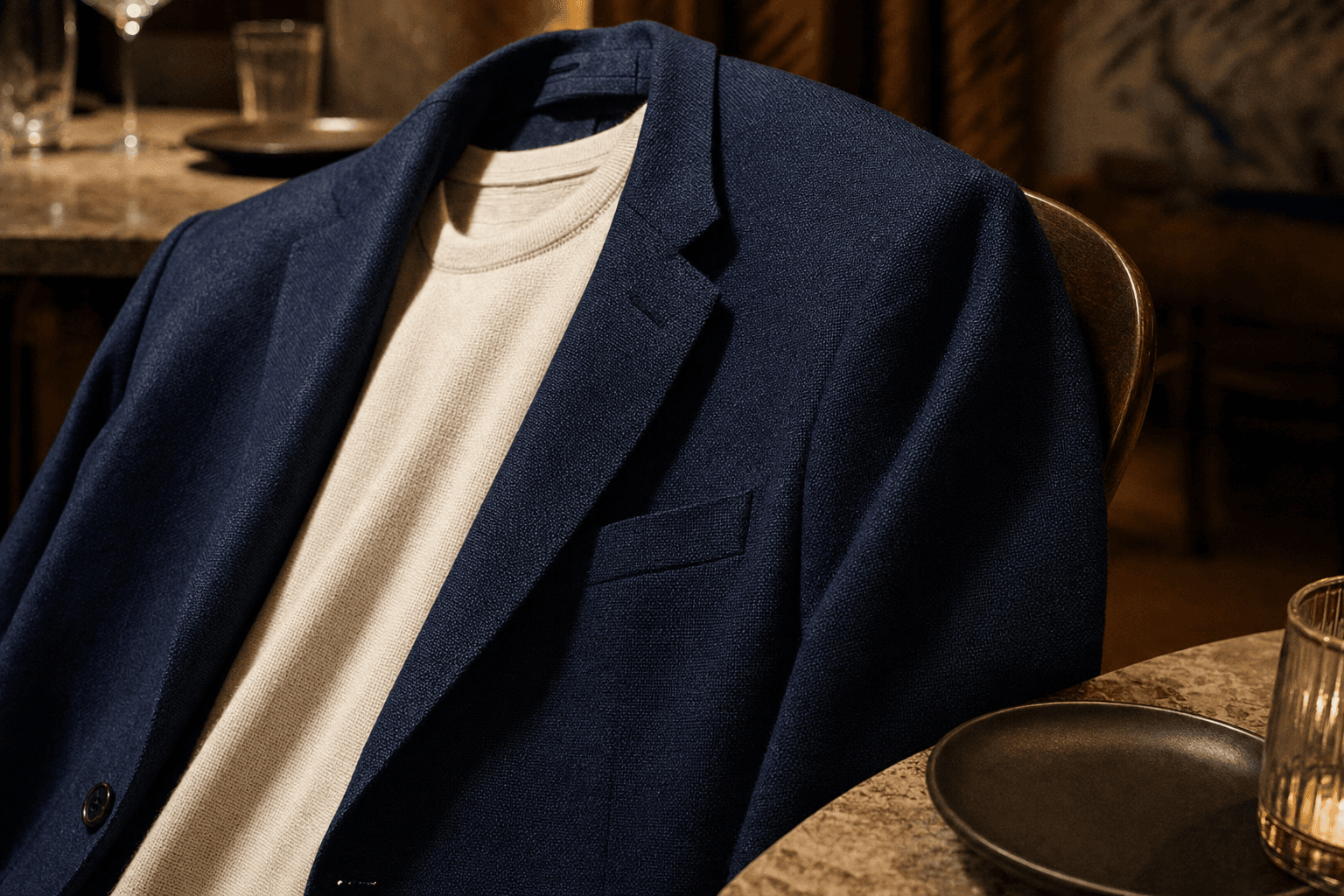 A navy unstructured blazer draped open to show textured fabric and relaxed shoulder.