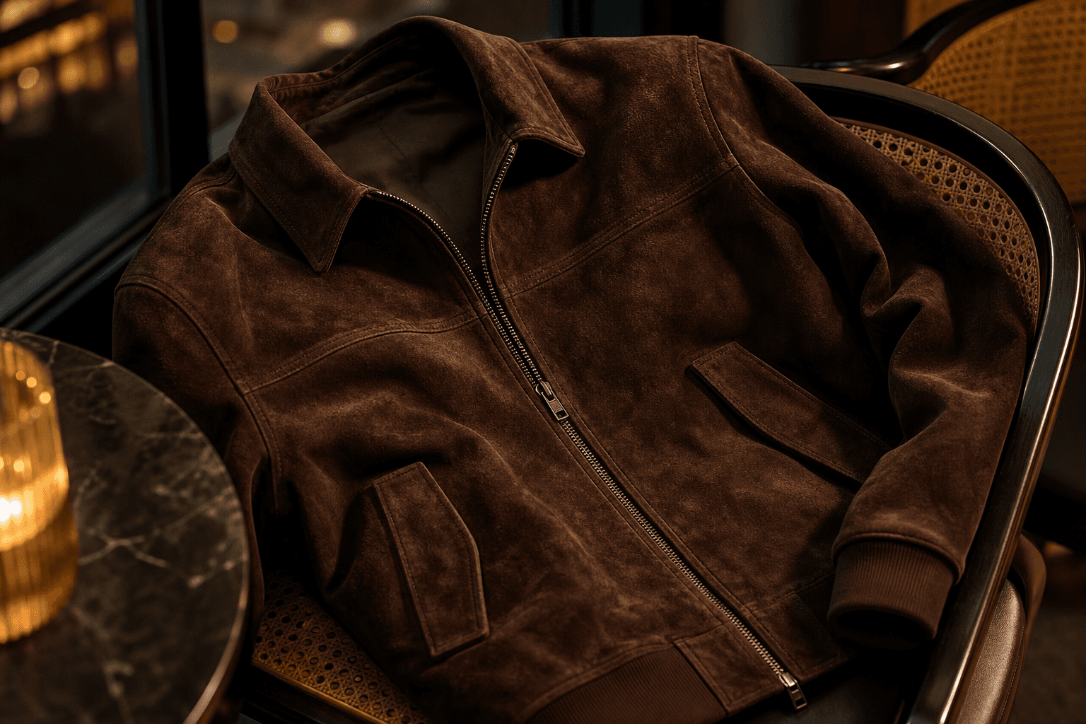 A chocolate suede jacket draped to show its collar, pocket, and soft brushed texture.