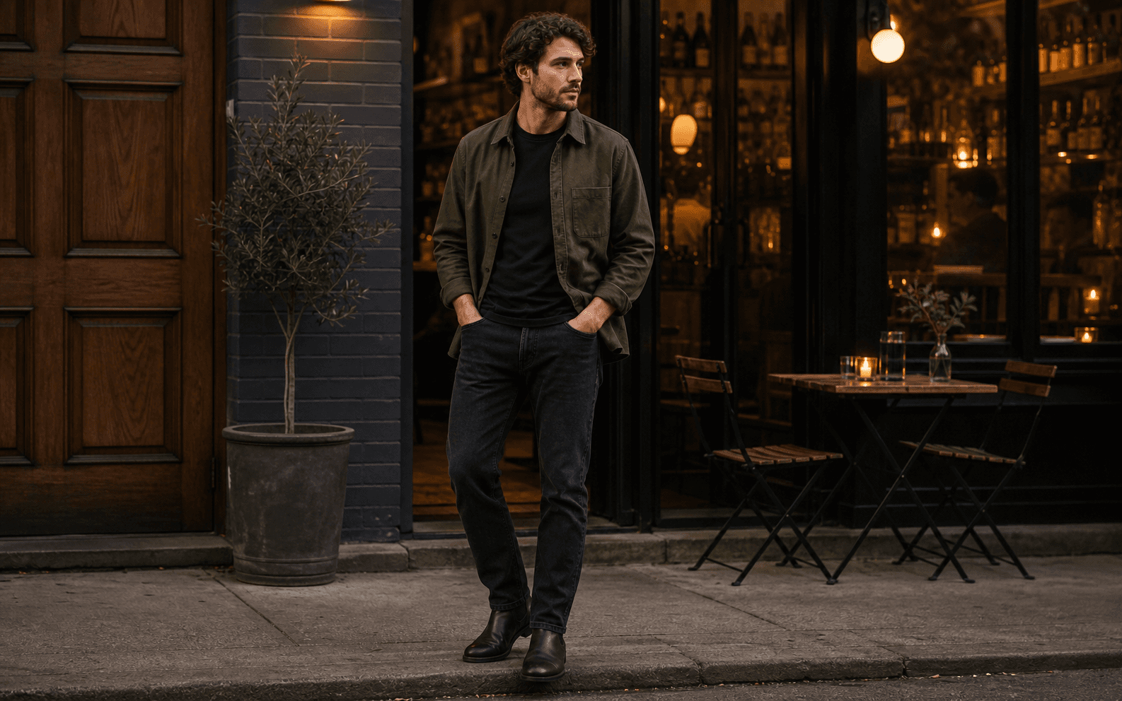 A man outside a casual restaurant wearing a black tee, dark jeans, simple overshirt, and clean boots.