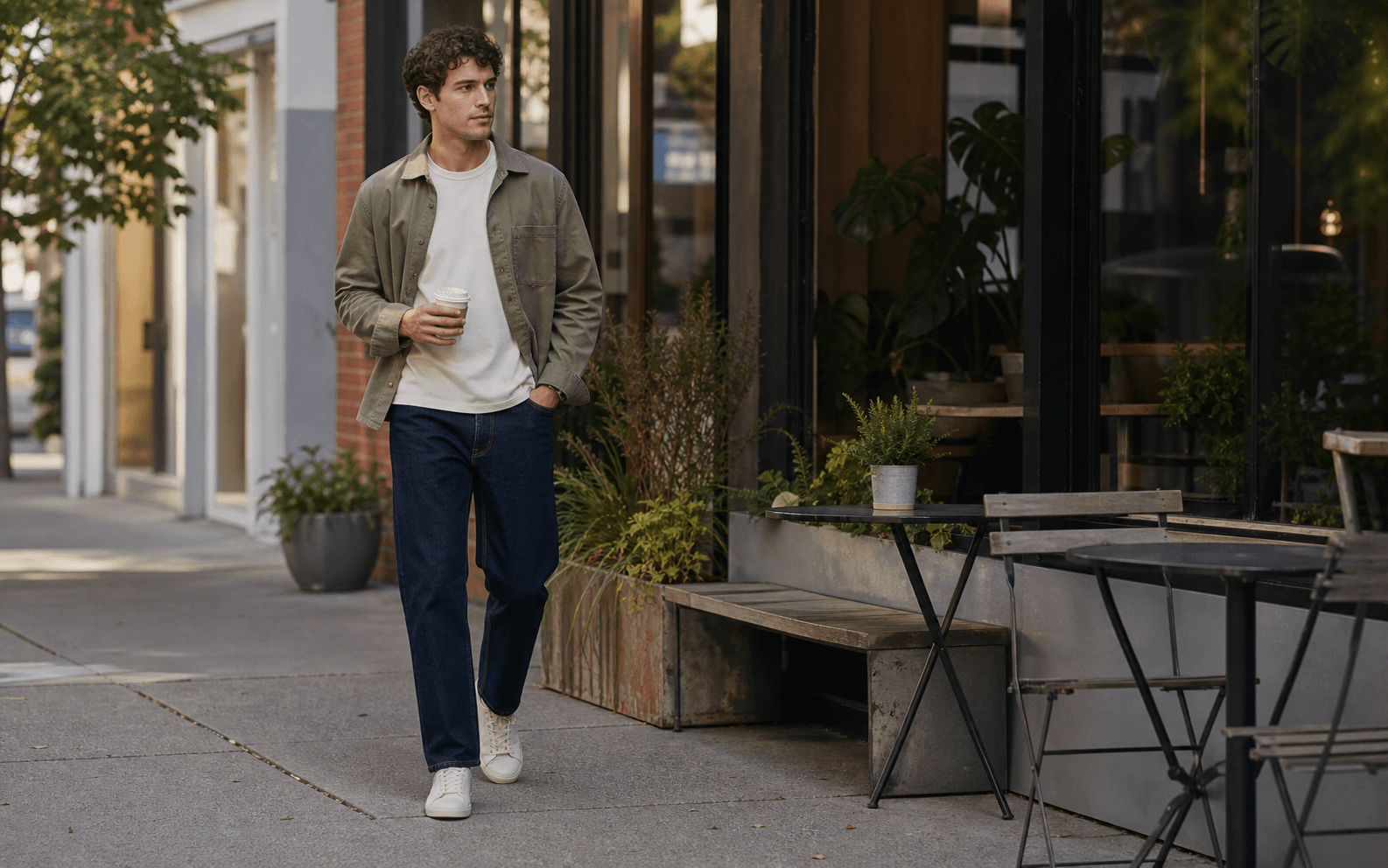 A man walking near a coffee shop wearing a heavyweight tee, olive overshirt, straight jeans, and minimal sneakers.