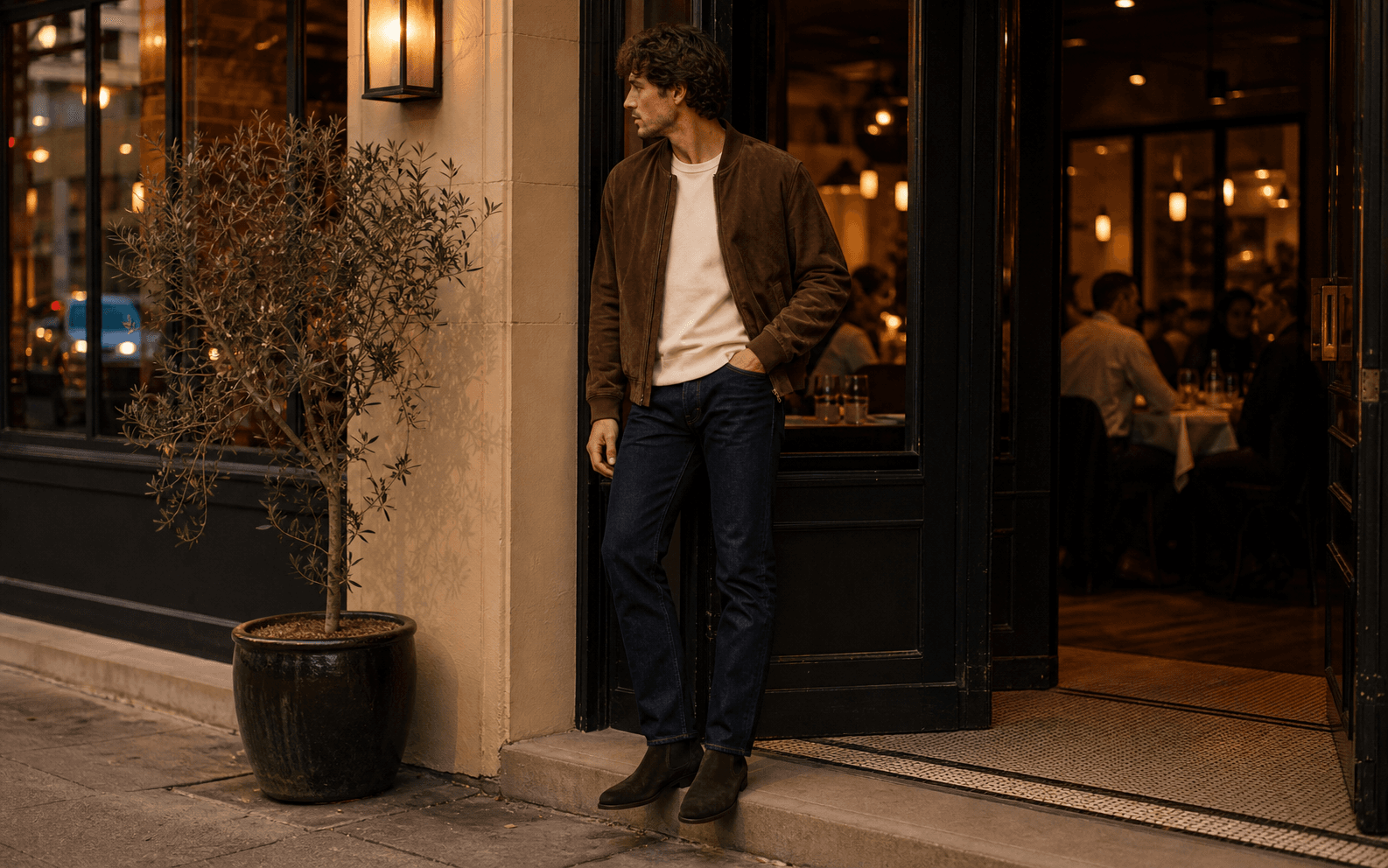 A man outside a warmly lit restaurant wearing a suede bomber, cream tee, dark jeans, and suede boots.
