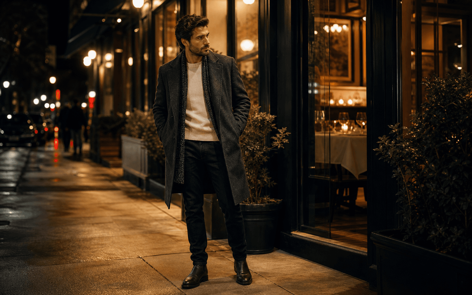 A man outside a winter restaurant wearing a wool coat, cream sweater, dark denim, boots, and scarf.