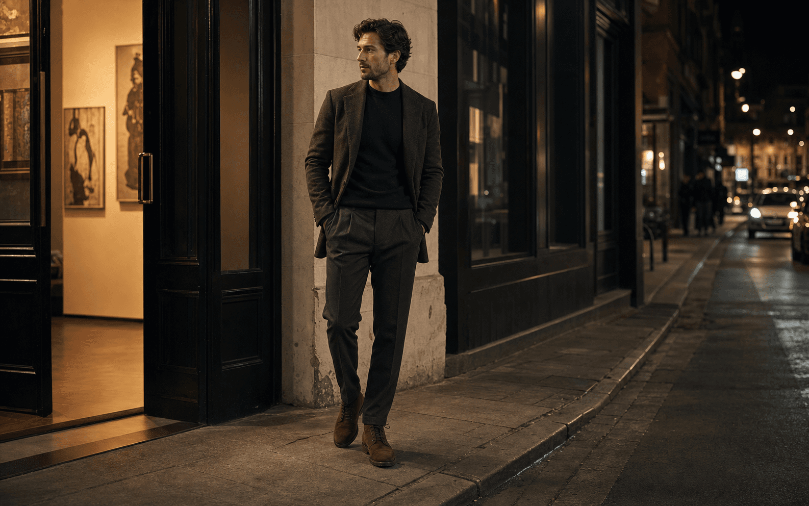A man on a gallery-adjacent city street wearing a soft blazer, fine knit, relaxed trousers, and suede service boots.