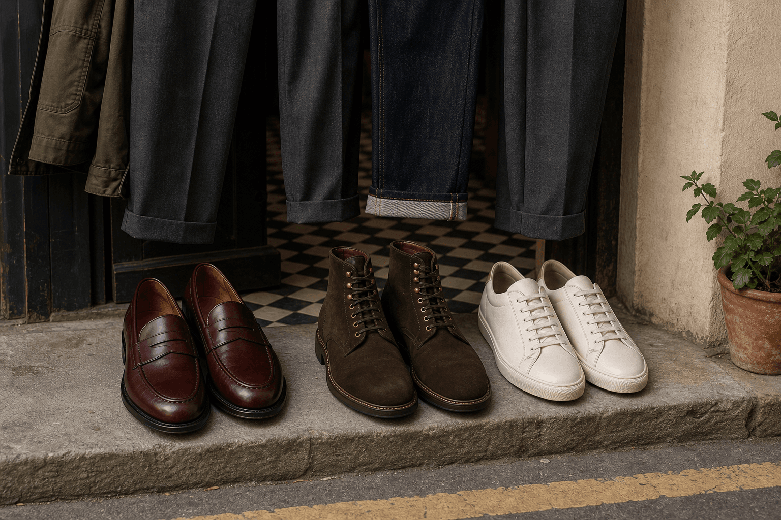 Burgundy loafers, brown boots, and off-white sneakers arranged below relaxed trousers and dark denim hems.