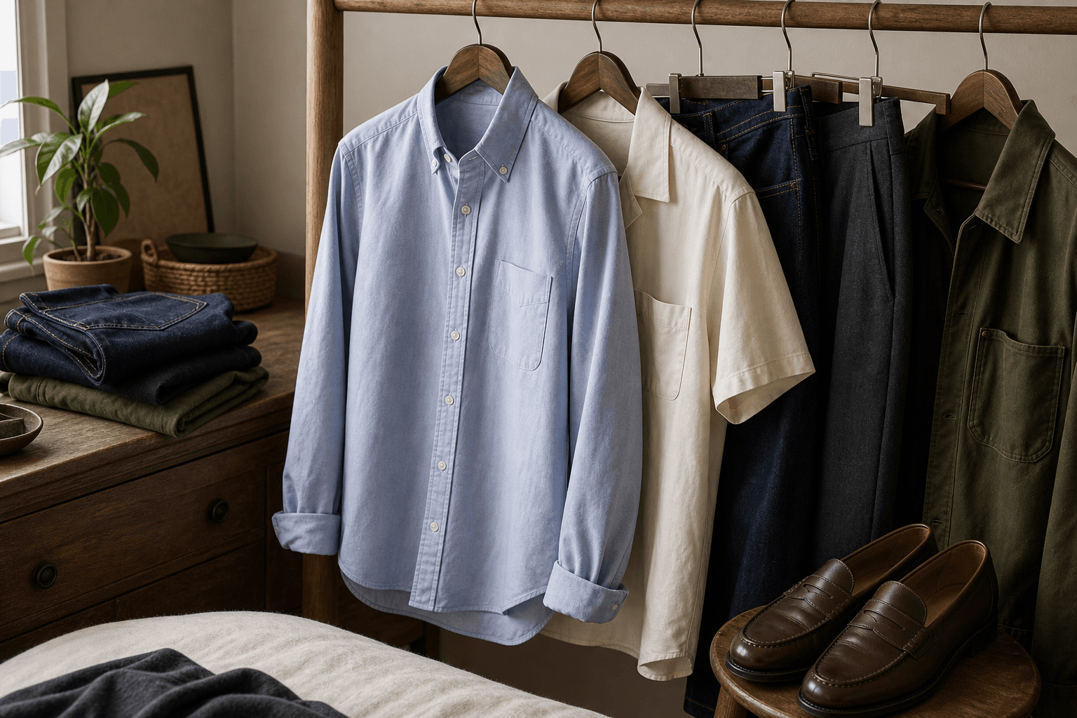 A pale blue Oxford shirt and ecru camp-collar shirt styled with denim, trousers, olive outerwear, and loafers.