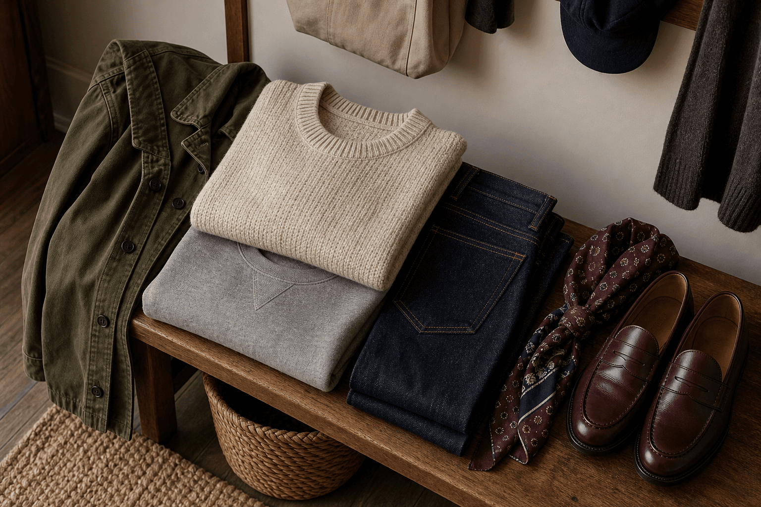 An oatmeal sweater and grey sweatshirt layered with an olive jacket, dark denim, burgundy loafers, and a patterned scarf.