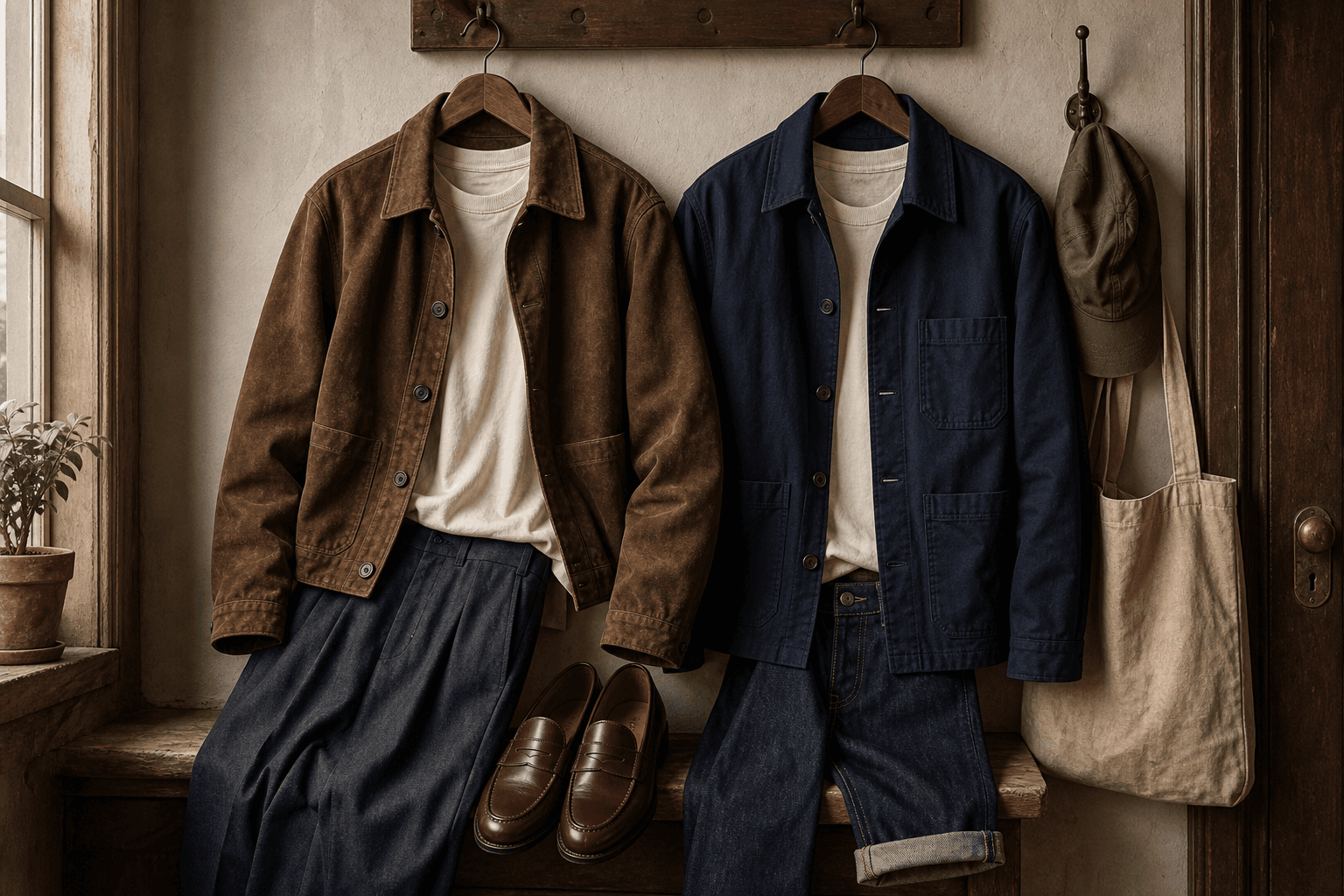 A brown suede jacket and navy chore jacket styled with tees, trousers, jeans, loafers, and a canvas tote.