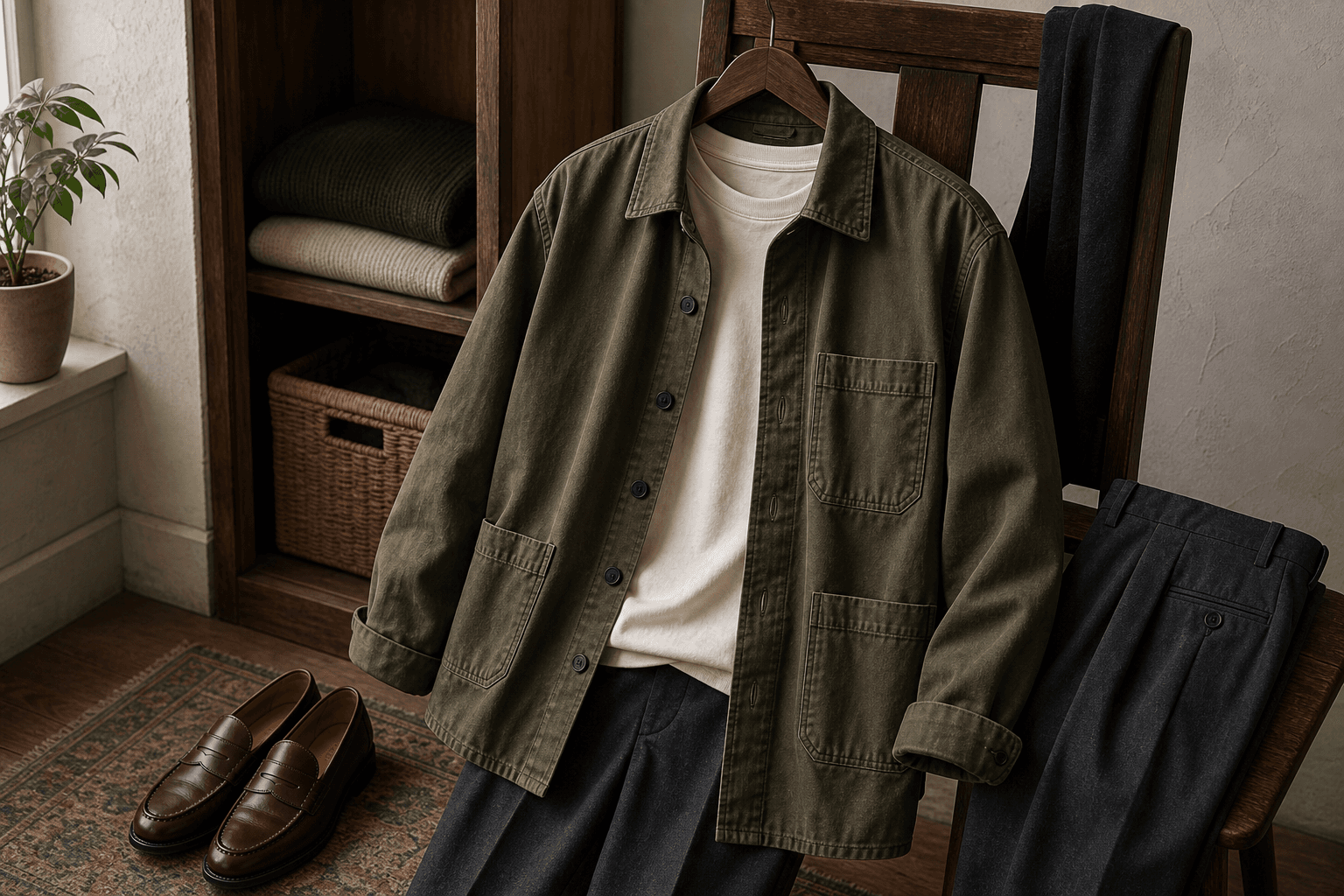 An olive cotton overshirt layered over a cream T-shirt with charcoal trousers and burgundy loafers.