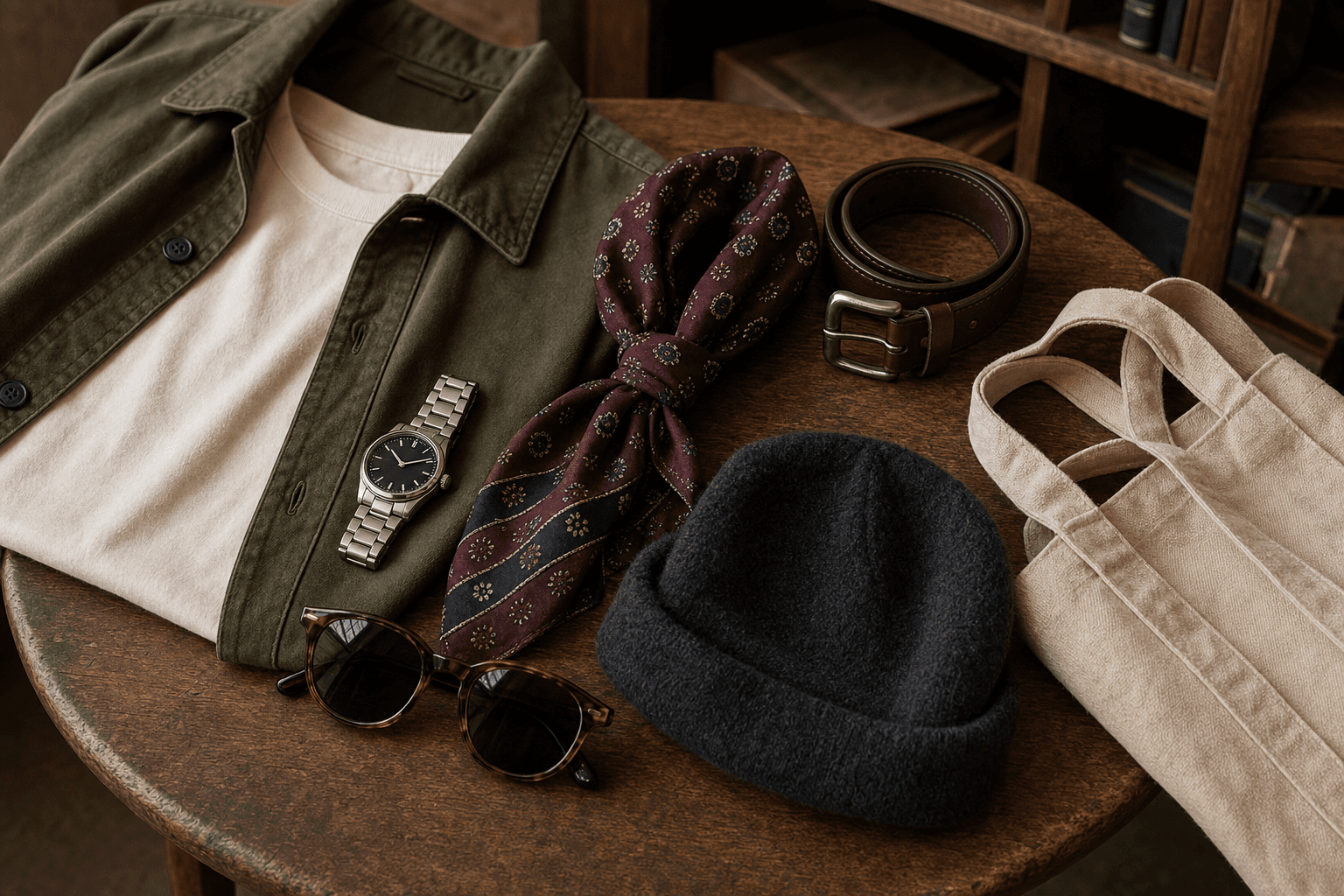 A silver watch, patterned scarf, leather belt, sunglasses, knit cap, canvas tote, and olive overshirt on a wooden table.