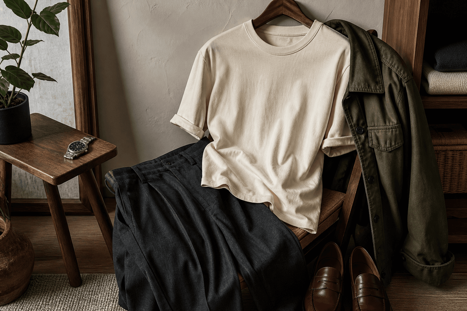 A cream heavyweight T-shirt styled with charcoal trousers, an olive overshirt, burgundy loafers, and a silver watch.