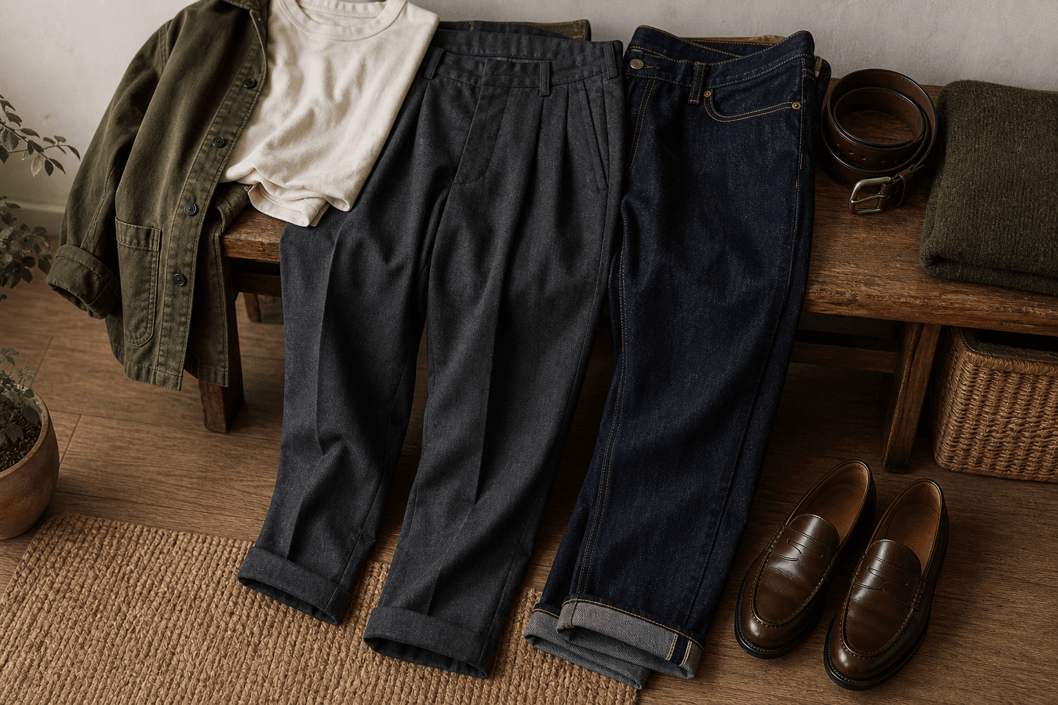 Charcoal pleated trousers and straight dark denim styled with a cream tee, olive overshirt, belt, and burgundy loafers.