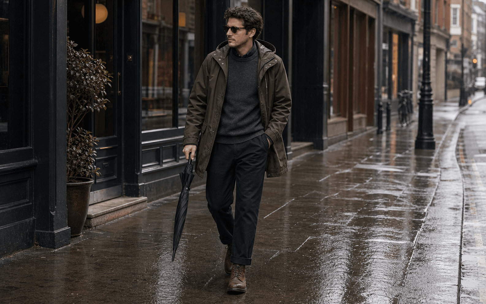 A man in a rain shell, knit layer, straight dark pants, brown boots, and umbrella walking on a wet city sidewalk.