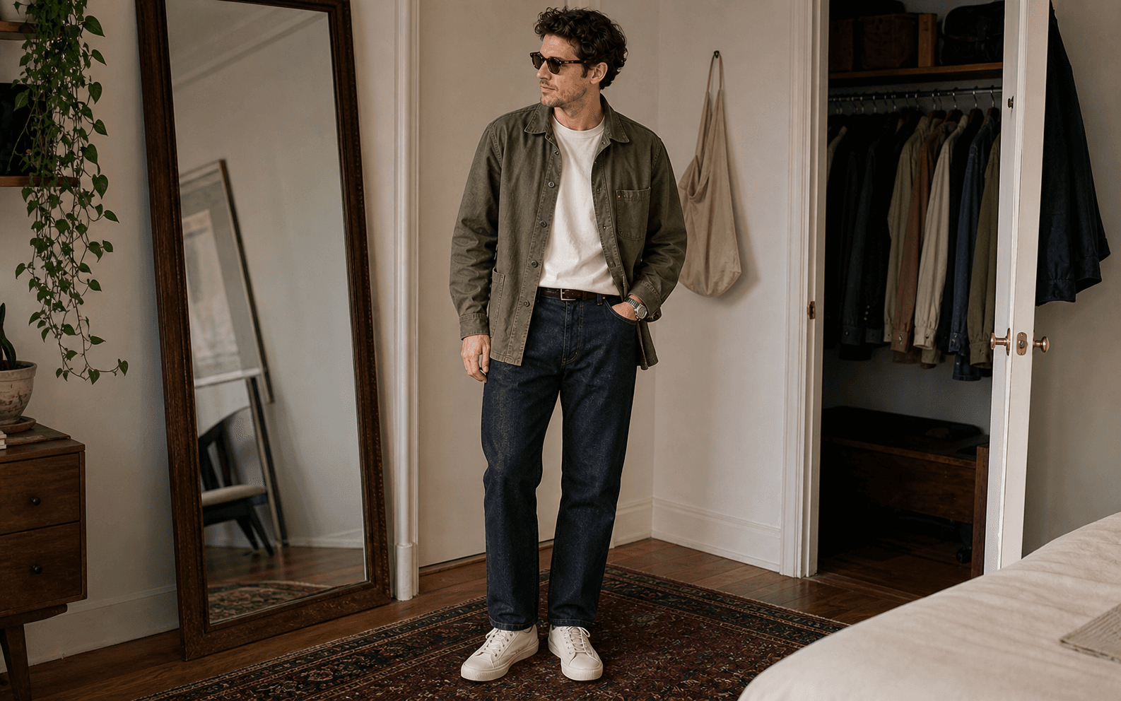 A man in a plain cream tee, thrifted olive overshirt, straight dark jeans, and simple off-white sneakers in a bedroom wardrobe.