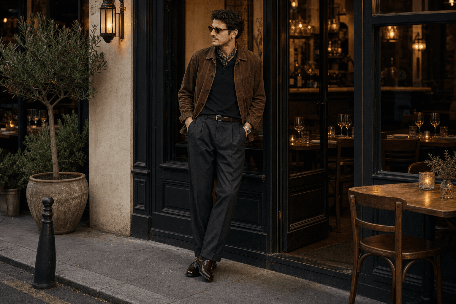 A man in a black knit polo, brown suede jacket, dark relaxed trousers, burgundy loafers, and patterned neck scarf outside a restaurant.