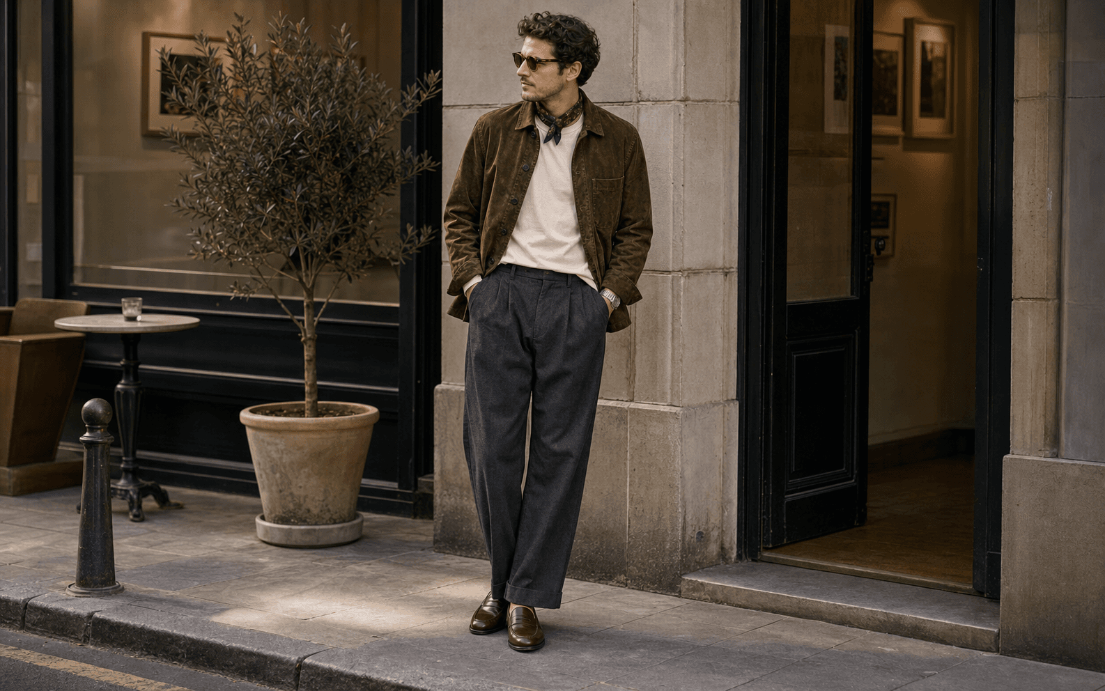 A man in a cream tee, brown suede overshirt, relaxed charcoal trousers, burgundy loafers, watch, and scarf outside a gallery.