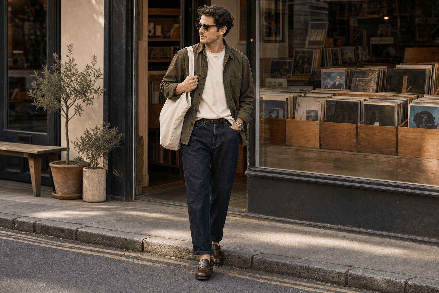 A man in a cream T-shirt, olive overshirt, straight dark jeans, burgundy loafers, and canvas tote outside a record shop.