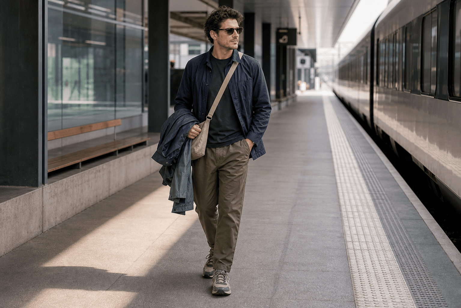 A man in a dark tee, navy overshirt, olive travel trousers, trail sneakers, and a compact crossbody on a train platform.