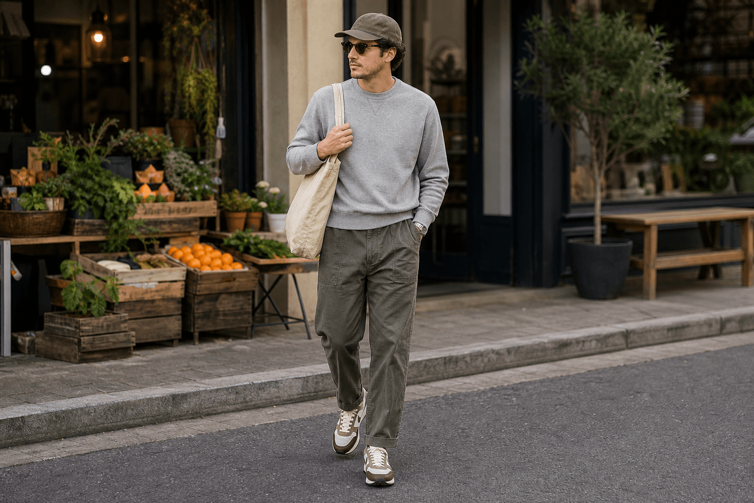 A man in a grey sweatshirt, olive fatigue pants, retro runners, cap, and canvas tote walking past a weekend market.