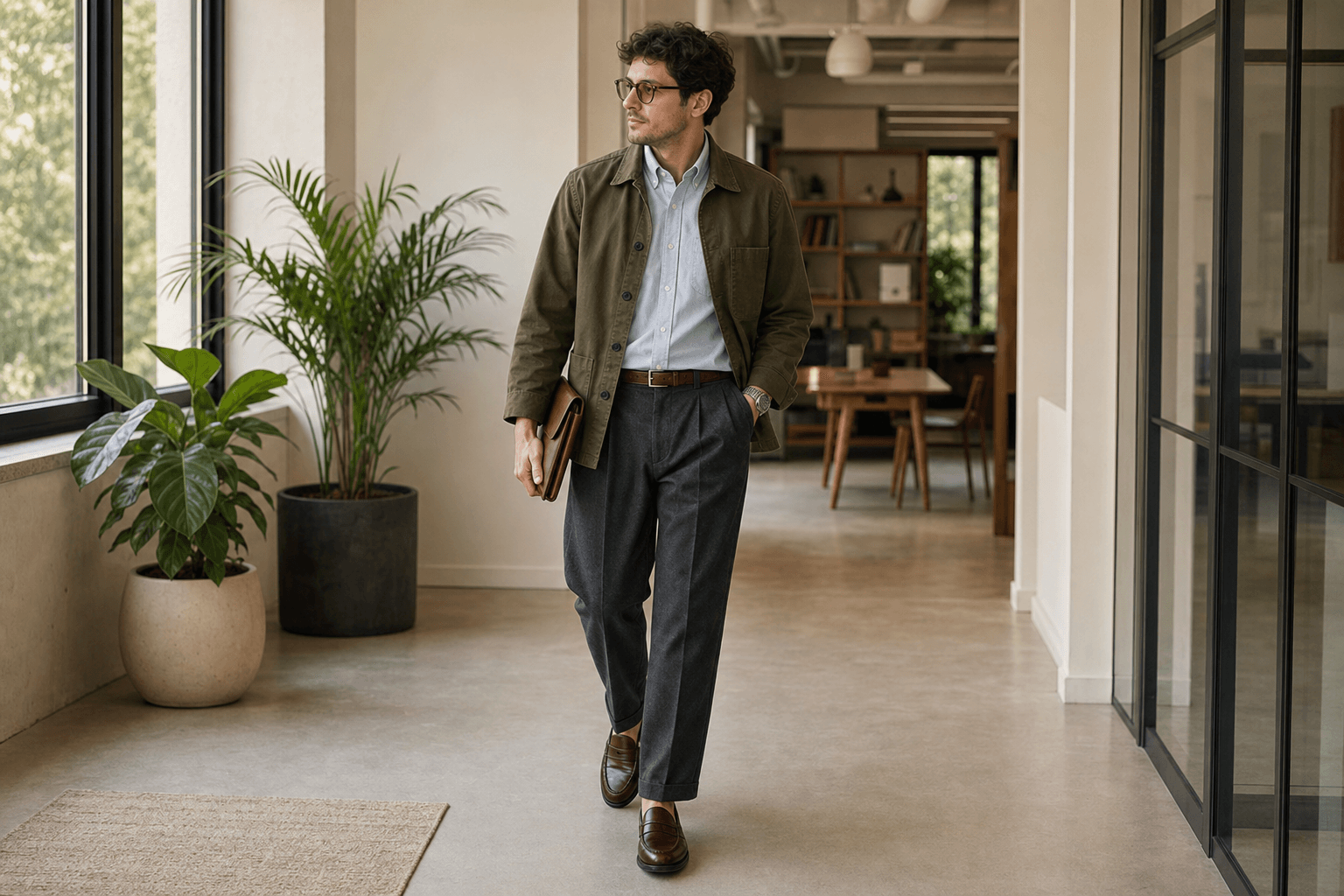 A man in a blue Oxford shirt, olive chore jacket, charcoal trousers, brown loafers, and a leather folio in a bright office hallway.