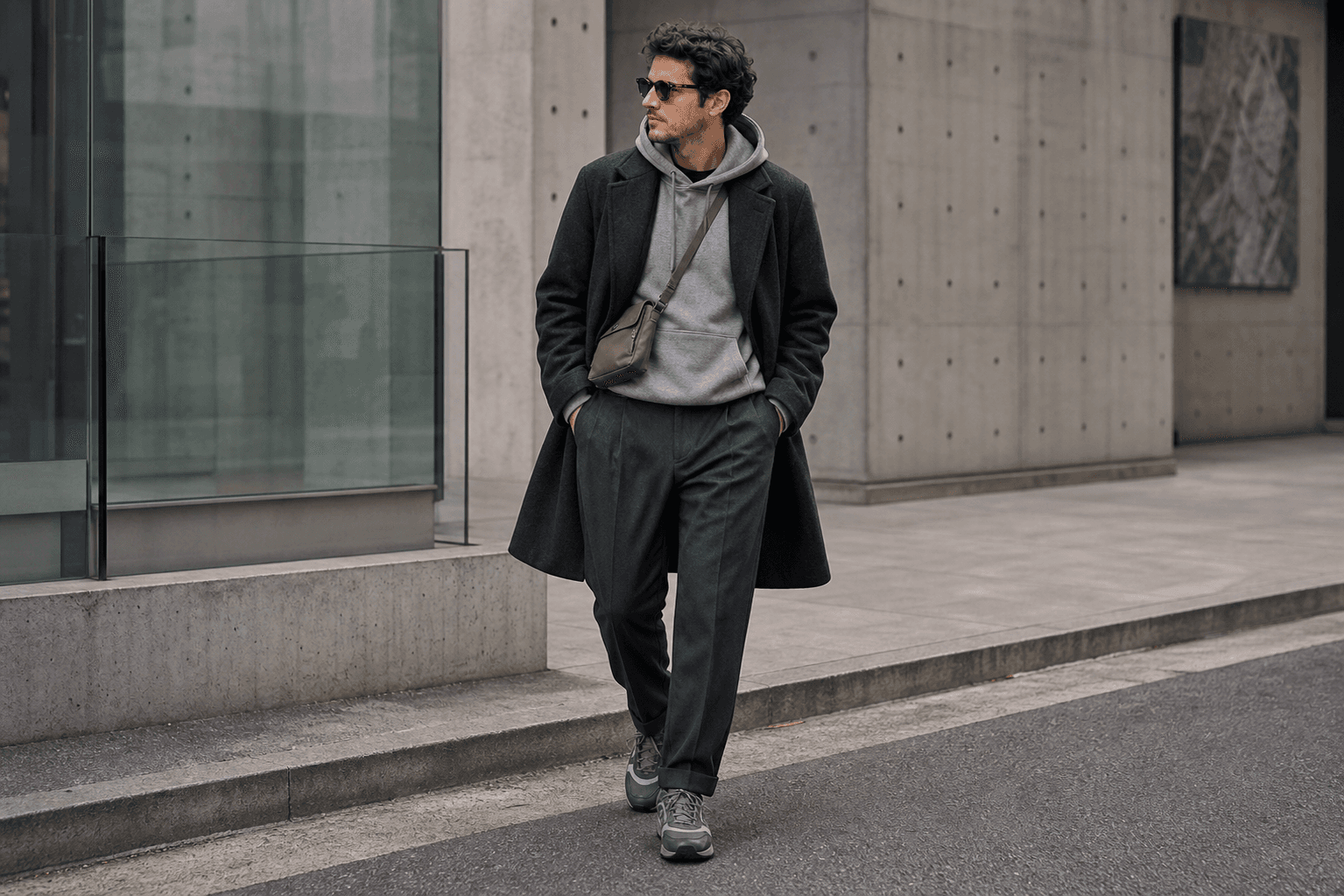 A man in tailored charcoal trousers, a grey hoodie, black topcoat, grey trail sneakers, and a small crossbody bag on a concrete city street.
