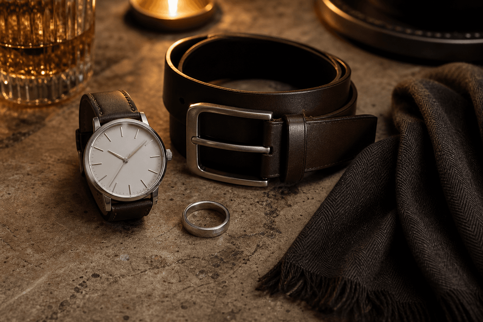 A leather belt, dress watch, ring, and dark tailoring accessories on a stone surface.