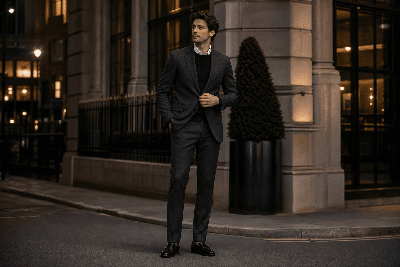 A man in a charcoal suit outside an evening city venue.