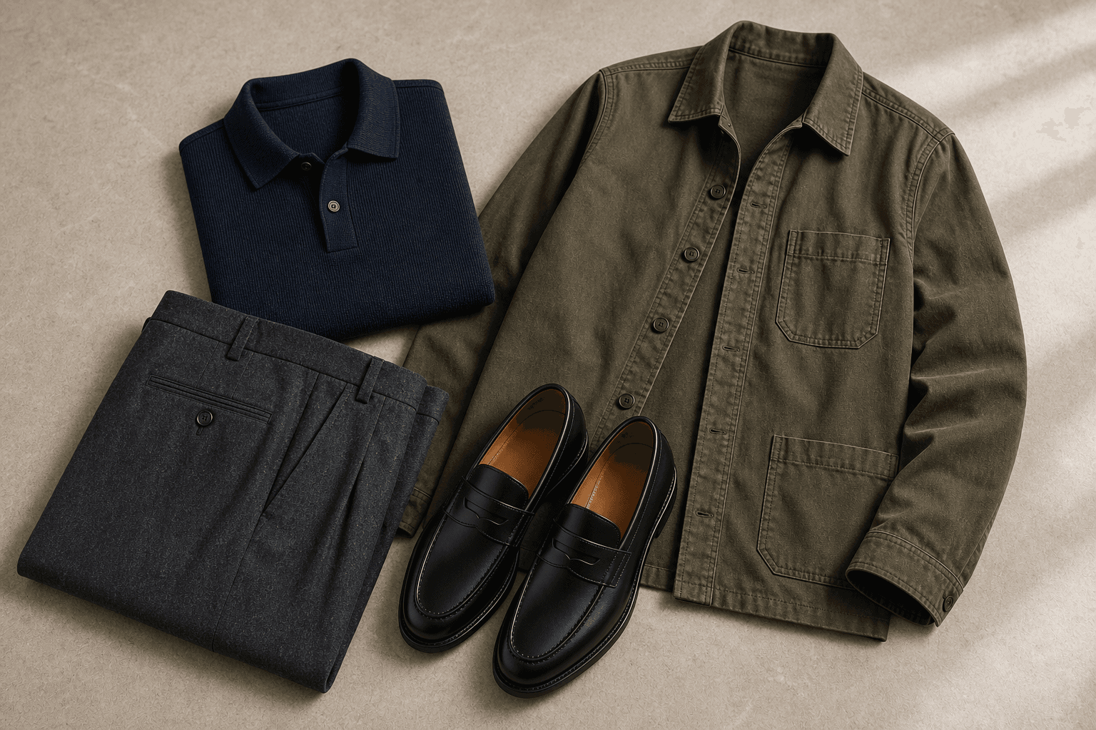 Tailored dark trousers with a knit polo, jacket, and loafers arranged on a neutral background.