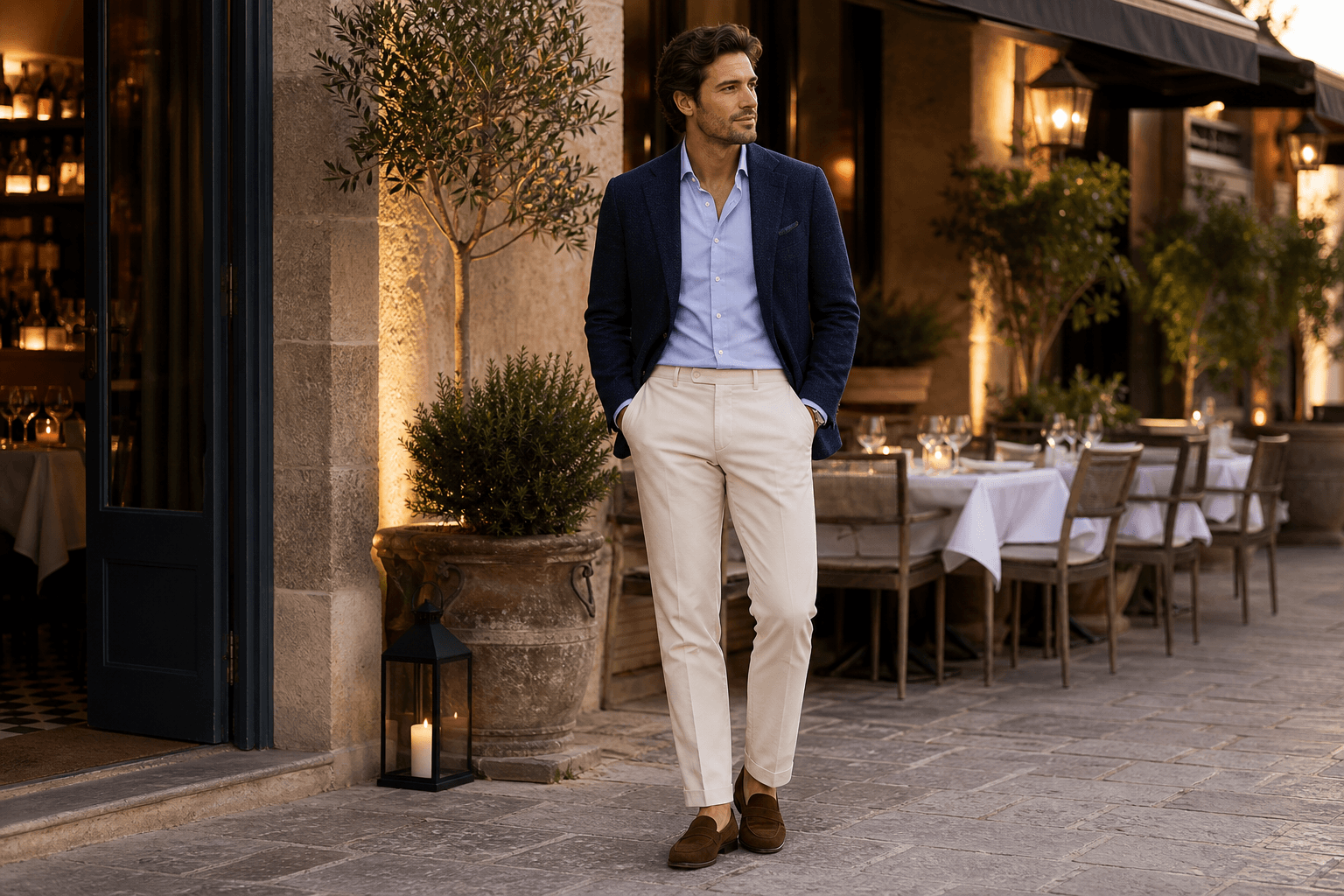 A navy sport coat with cream trousers and a light blue shirt outside a restaurant terrace.