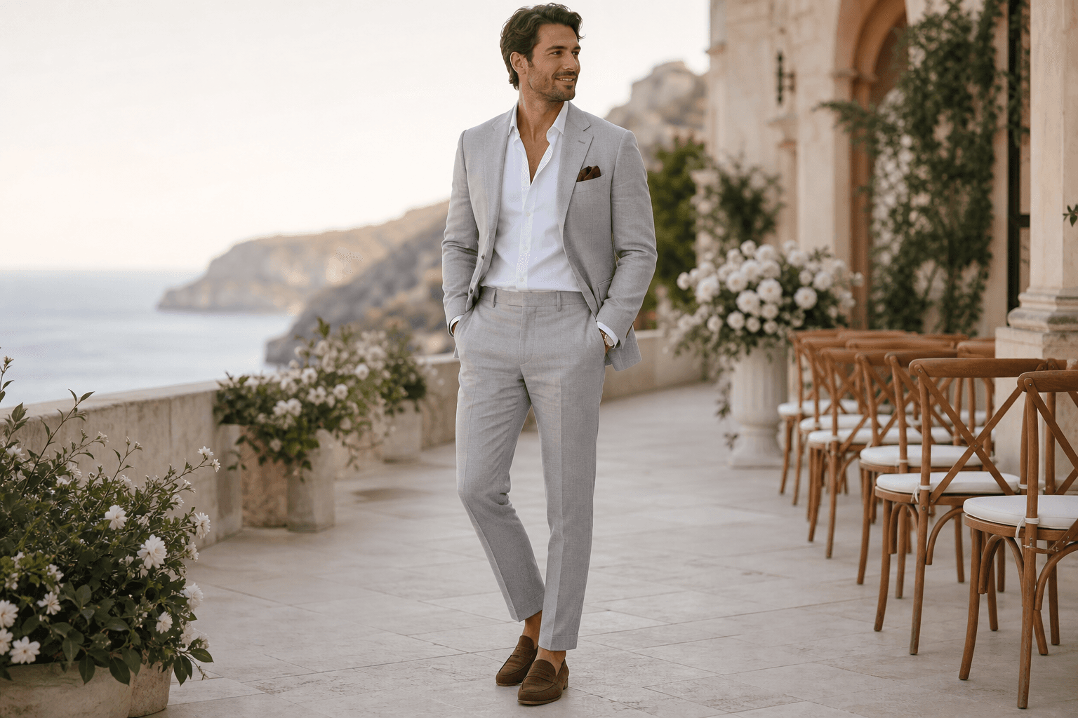 A light gray destination wedding suit with open-collar white shirt and refined loafers on a sunlit terrace.