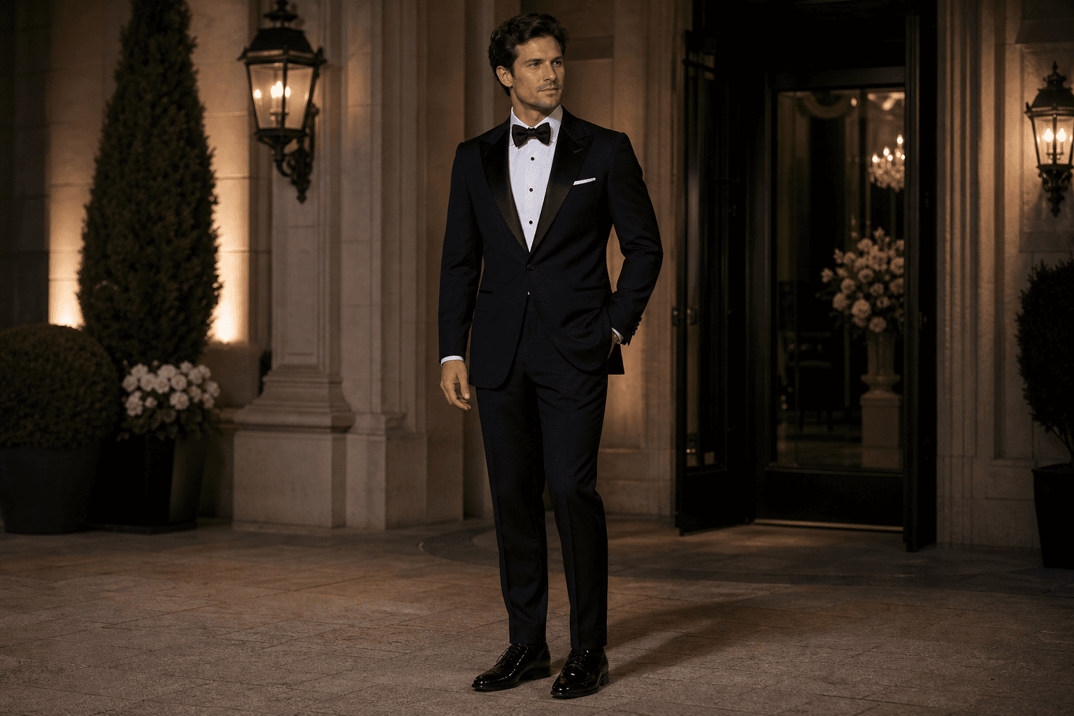 A black tuxedo with formal white shirt and black bow tie outside an evening venue.