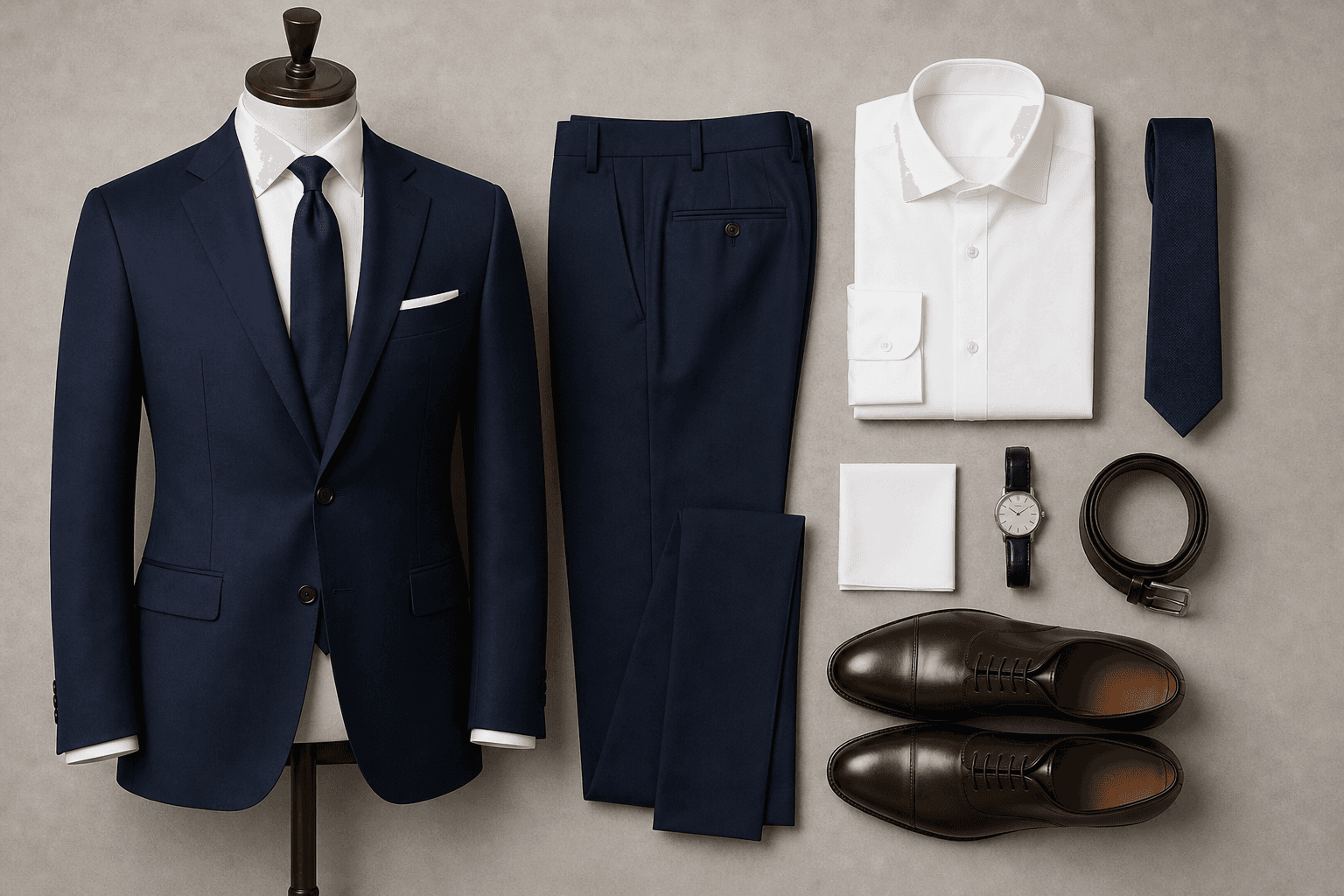 A practical navy suit, white shirt, dark tie, and polished dress shoes arranged in a clean flat lay.