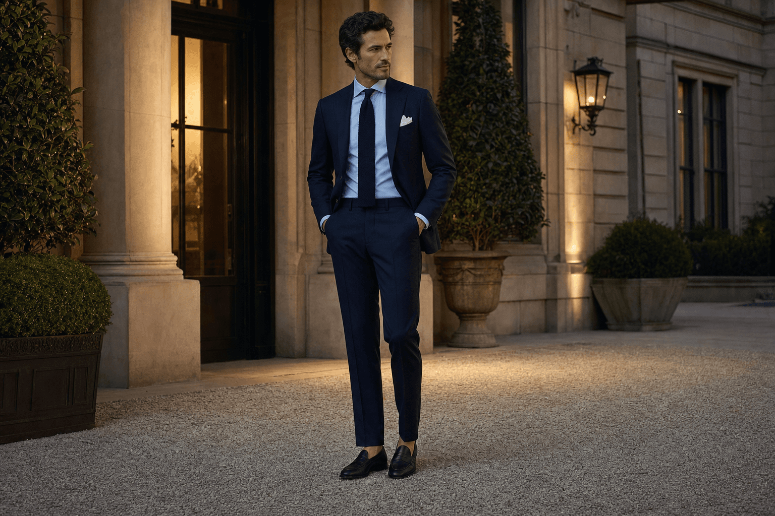 An elevated midnight navy suit with dark tie and white pocket square outside an evening venue.