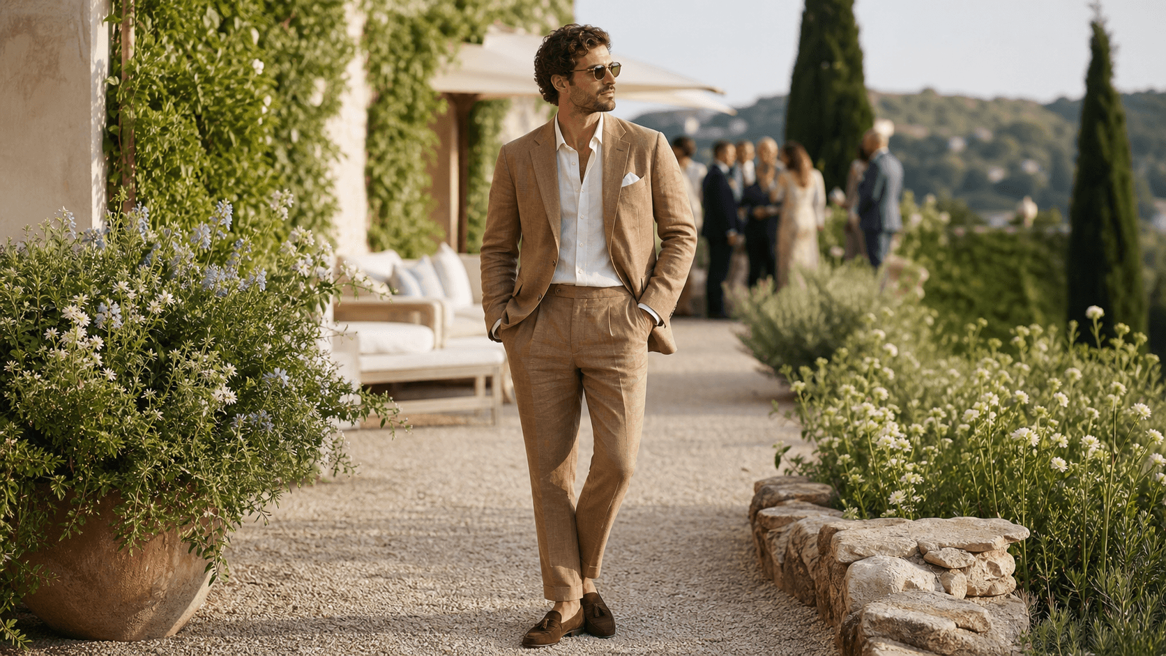 A warm-weather evening outfit with a dark polo, tan trousers, and loafers on a rooftop terrace.