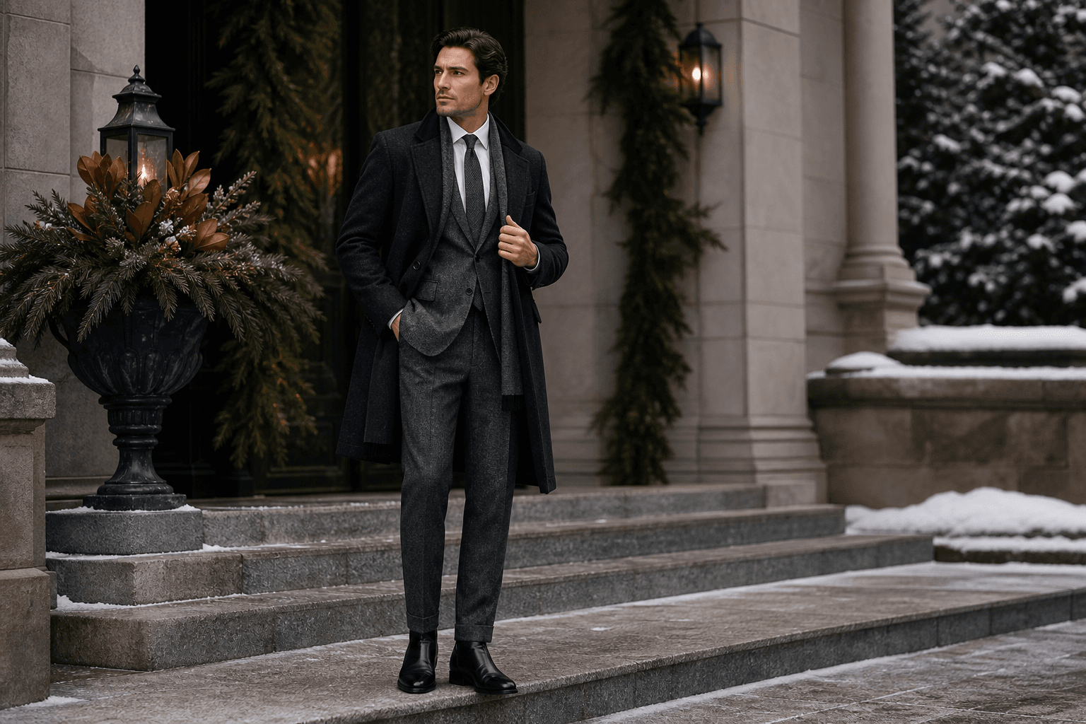 A charcoal winter suit with dark overcoat and black formal shoes outside a cold-weather venue.
