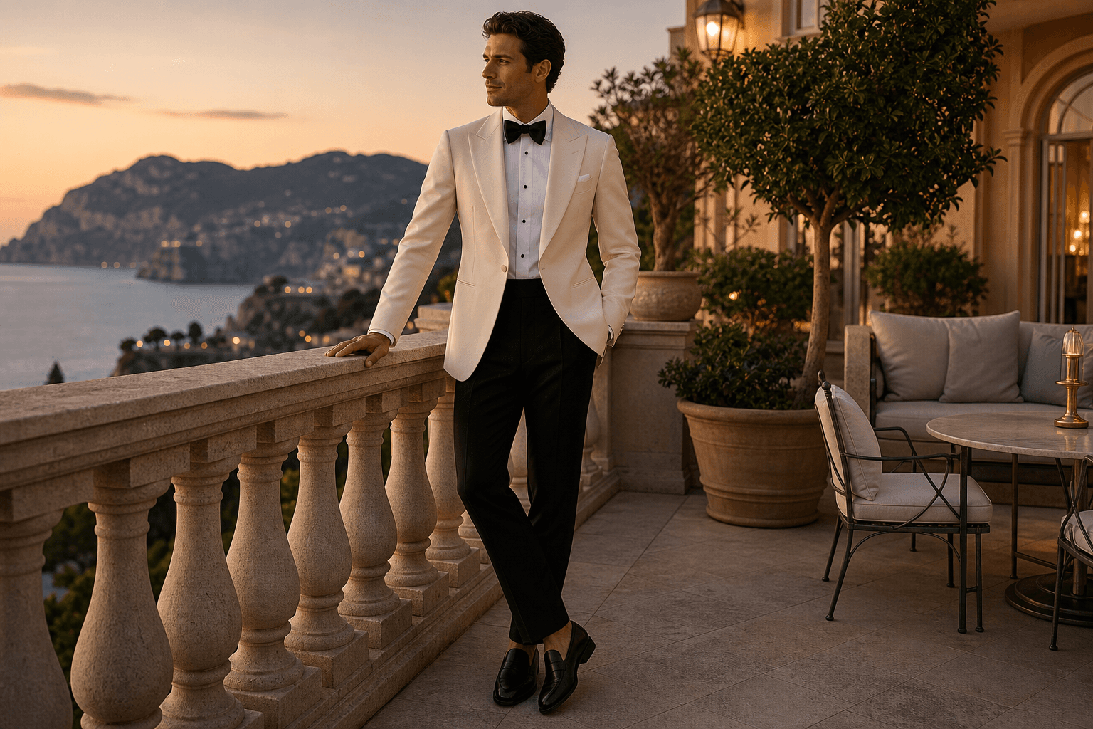 A cream dinner jacket with black formal trousers and black bow tie on a warm evening terrace.