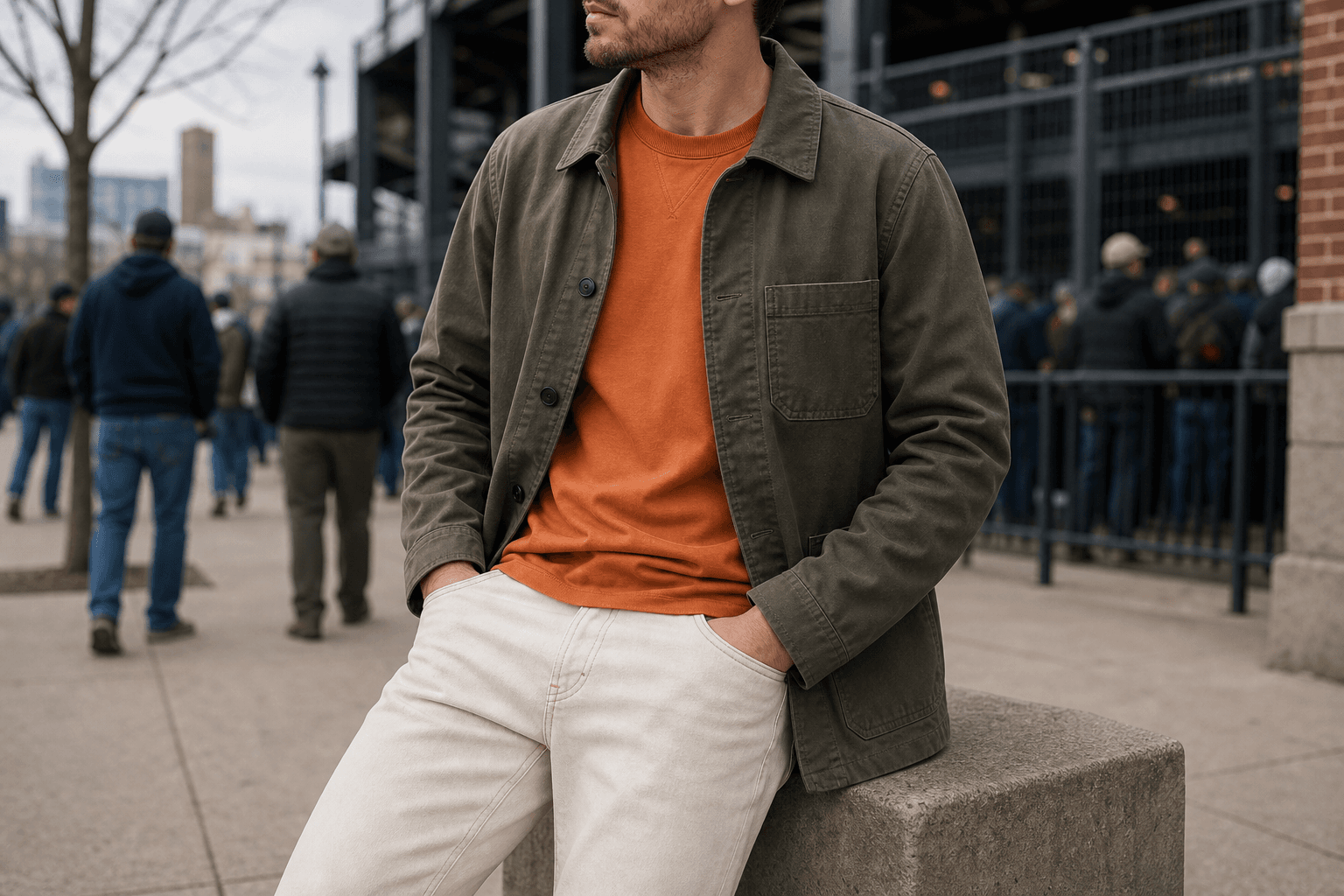 An olive chore coat worn over a muted orange tee with ecru jeans outside a stadium.