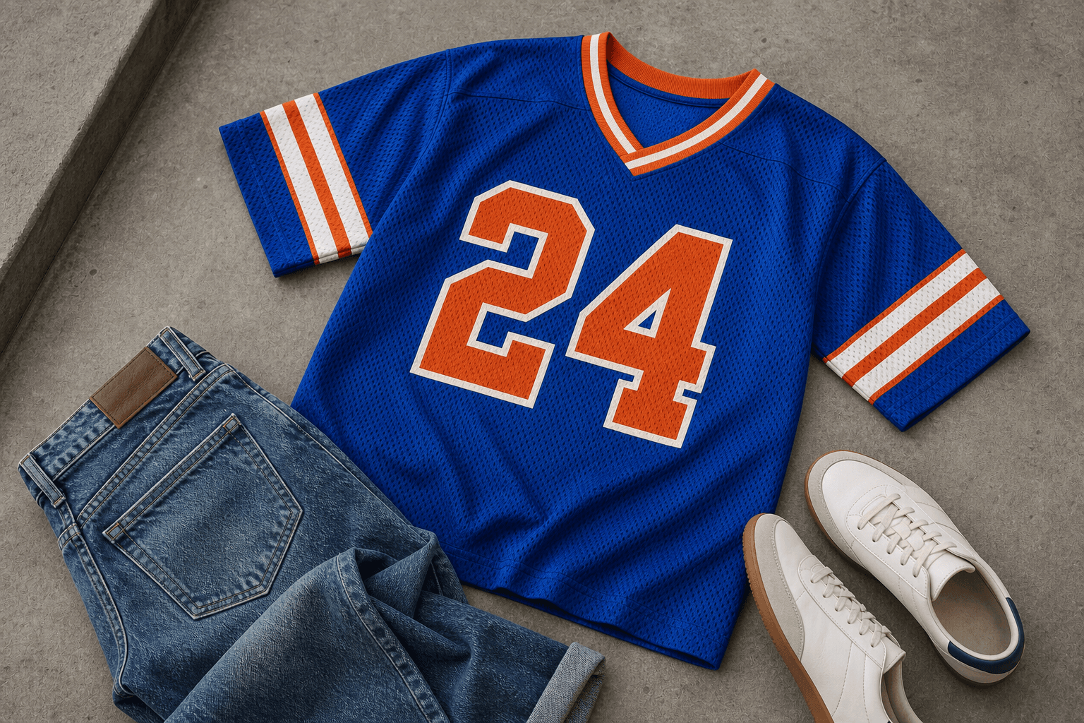 A royal blue and orange generic sports jersey styled with straight denim and cream retro sneakers.