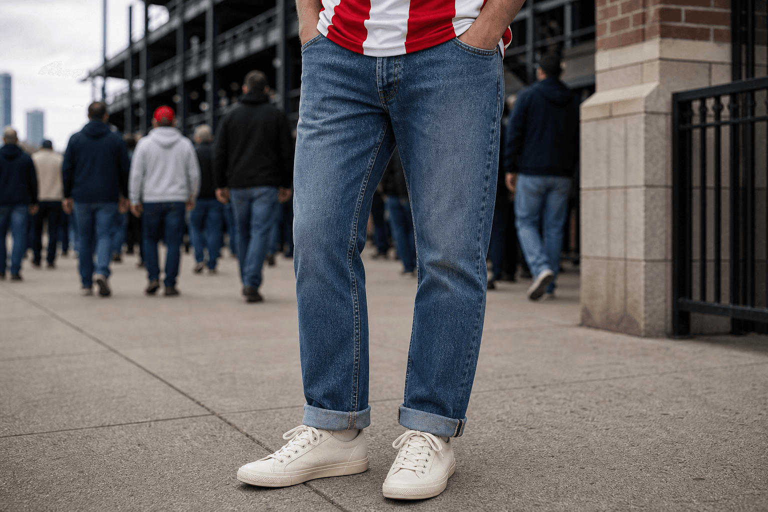 Straight mid-blue denim styled with a red and white generic athletic top and cream sneakers.