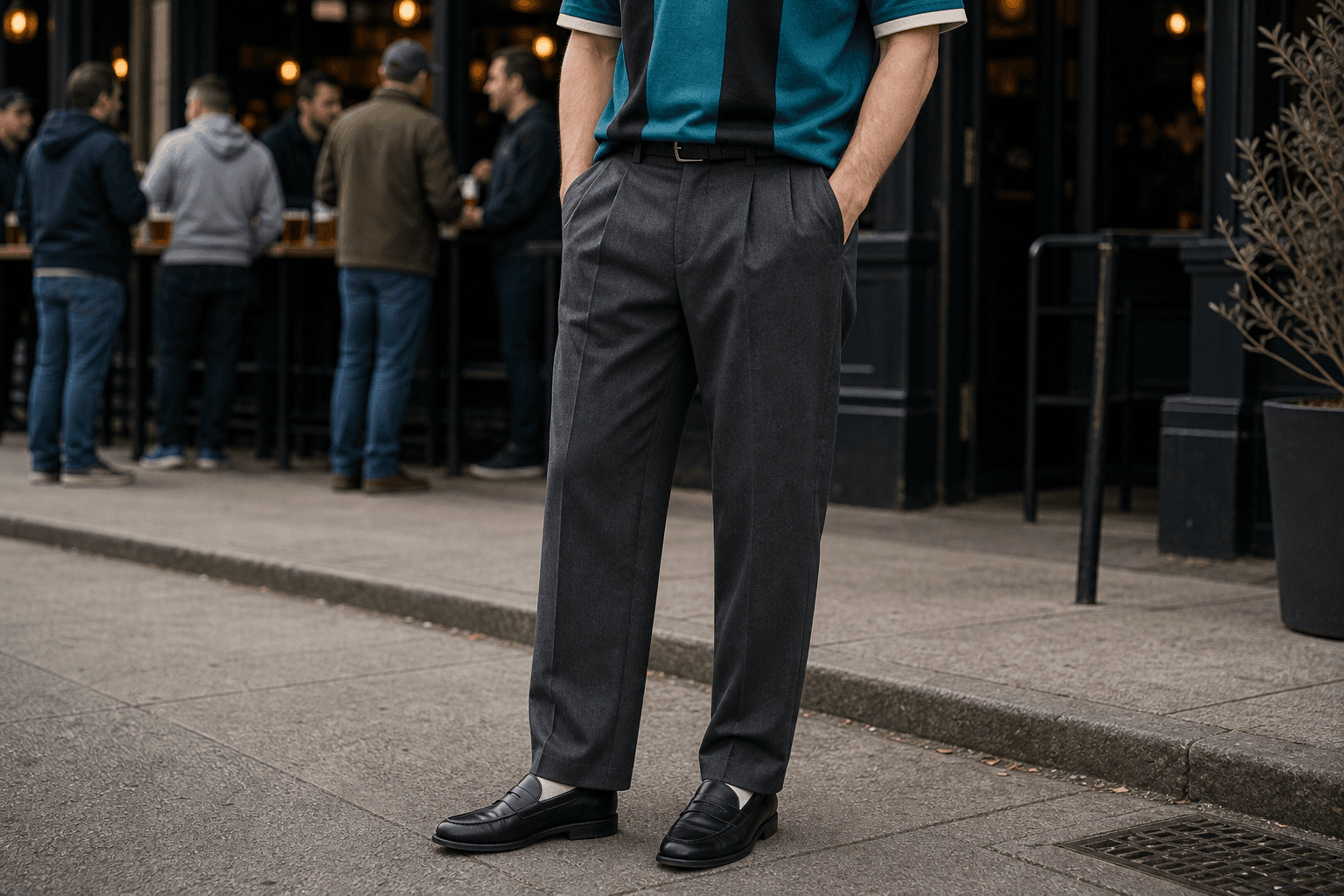 Charcoal relaxed trousers styled with a teal and black generic soccer jersey and black loafers.