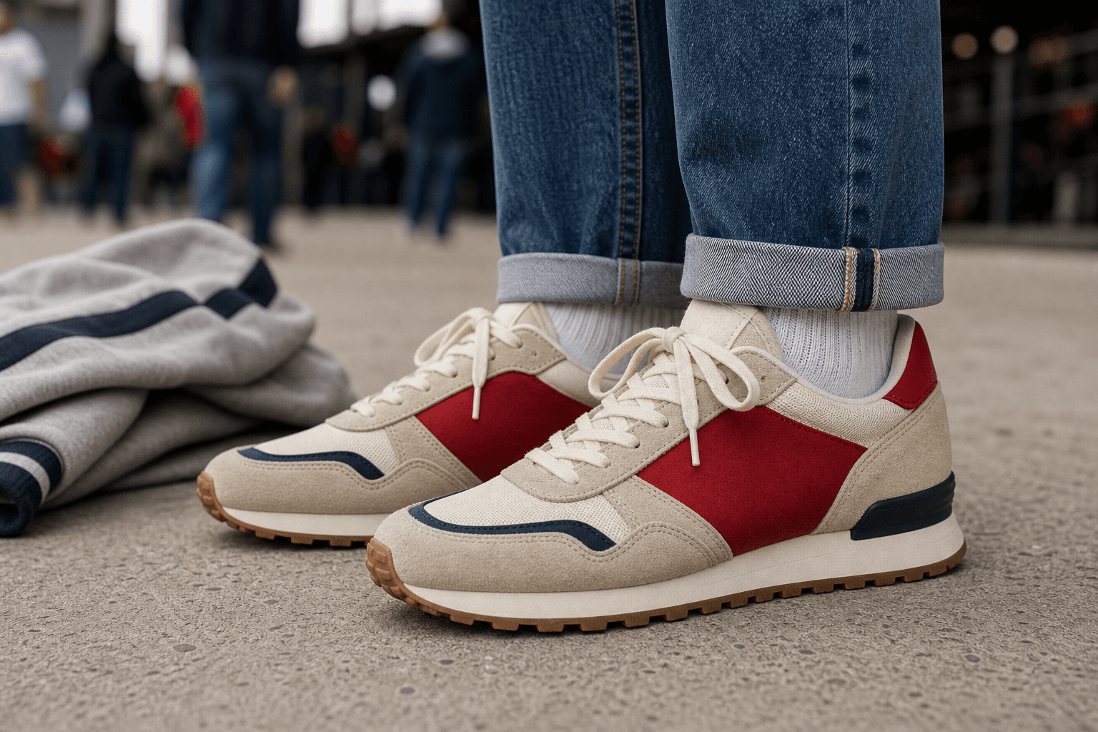 Cream retro runners with red and navy panels worn with cuffed straight denim.