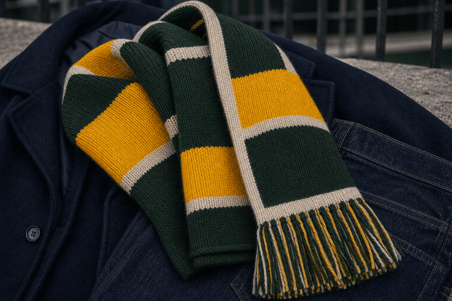 A green and yellow striped knit scarf draped over a navy coat and dark denim.