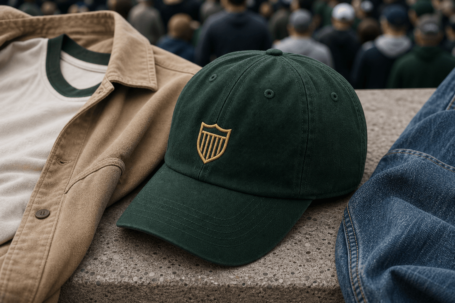 A forest green cap with a gold generic emblem beside a tan overshirt and faded denim.