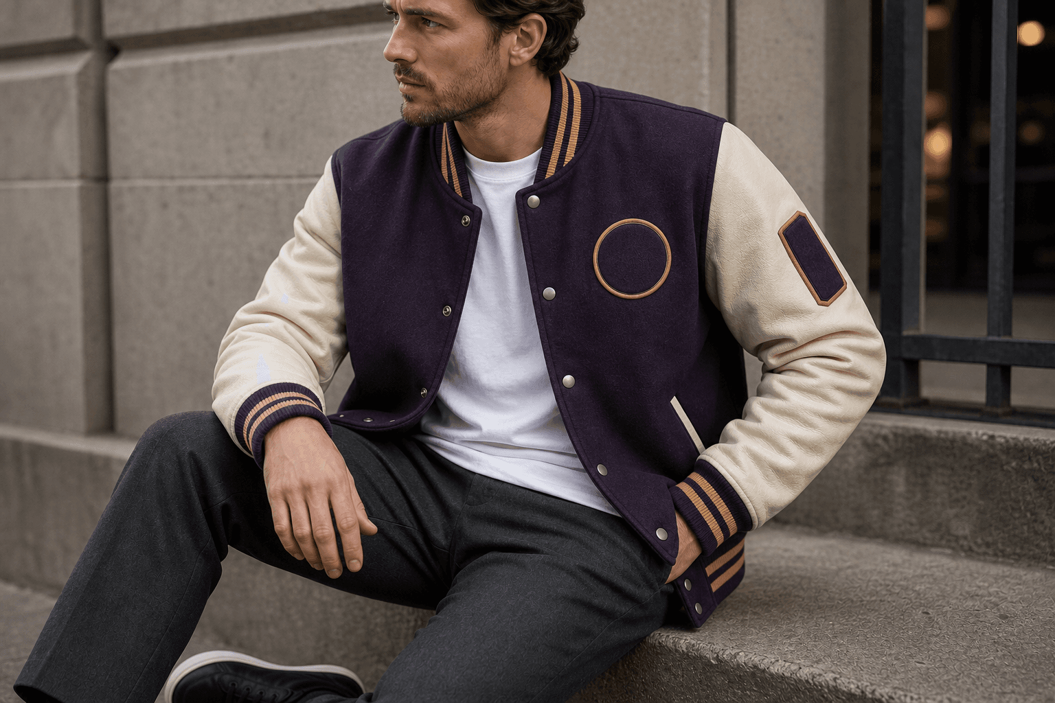 A deep purple and cream varsity jacket with muted gold trim worn over a white tee.